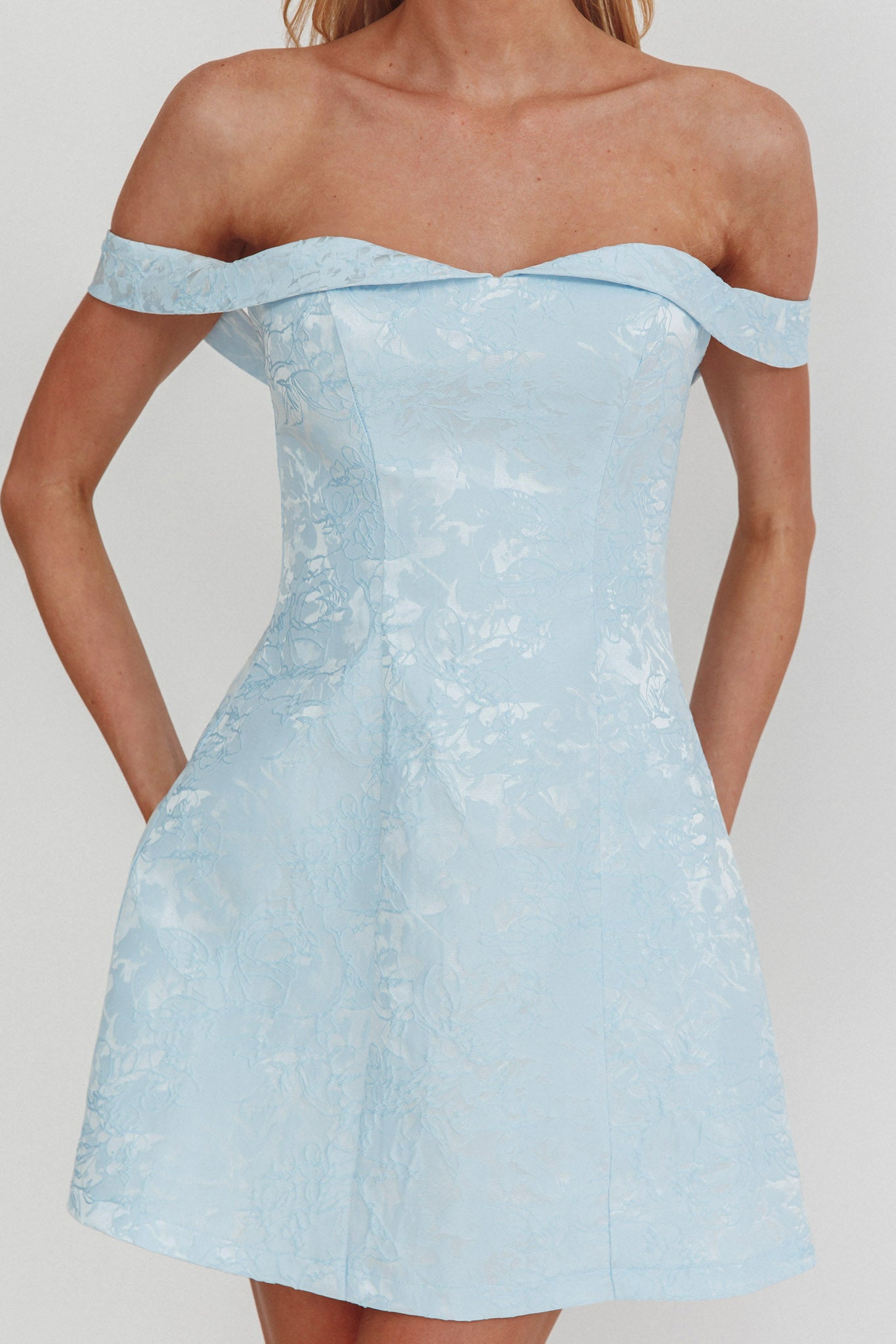 Mikado Off-Shoulder Foldover Mini Dress Jacquard Blue-Maymioy