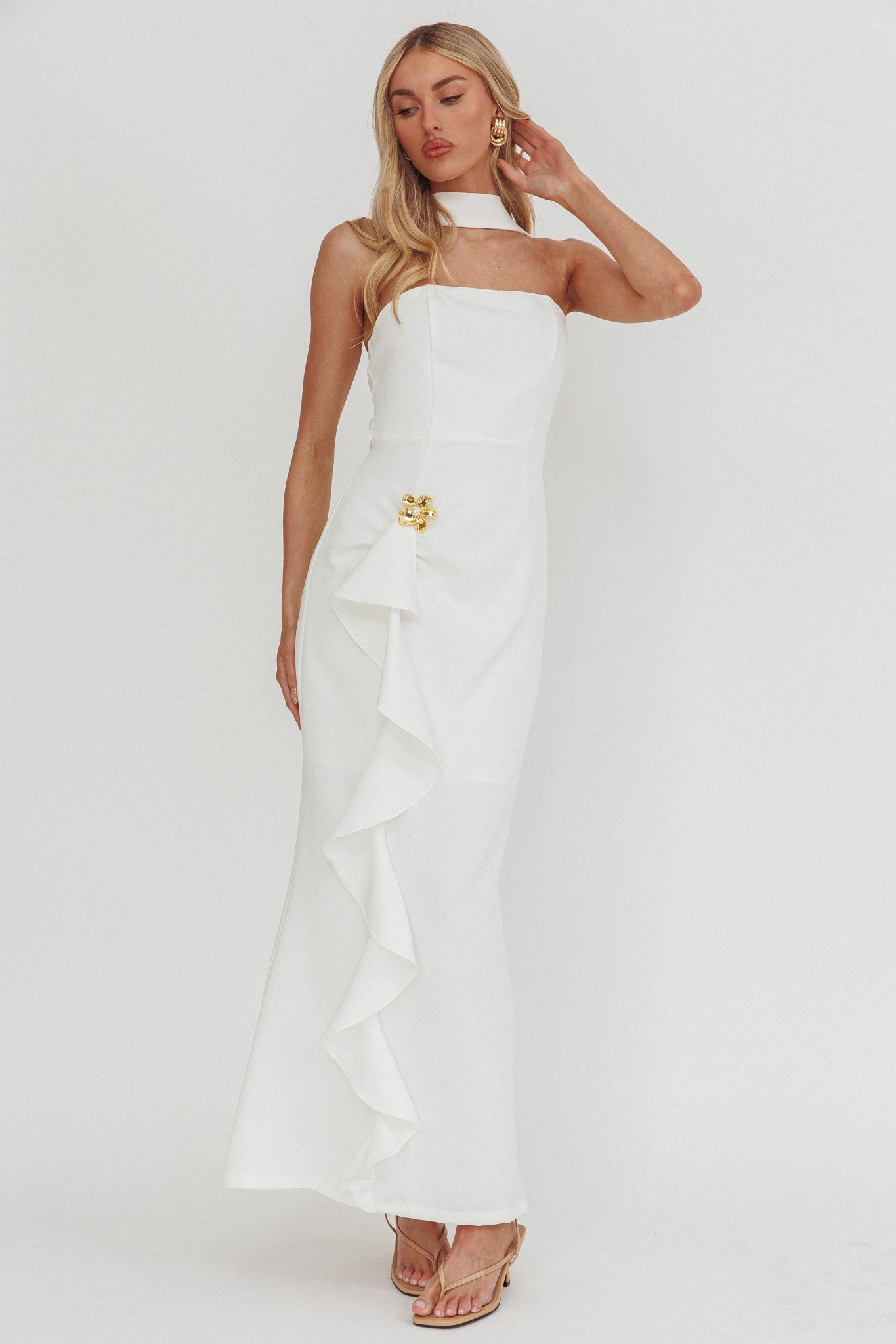 Selora Strapless Ruffle Maxi Dress White-Maymioy