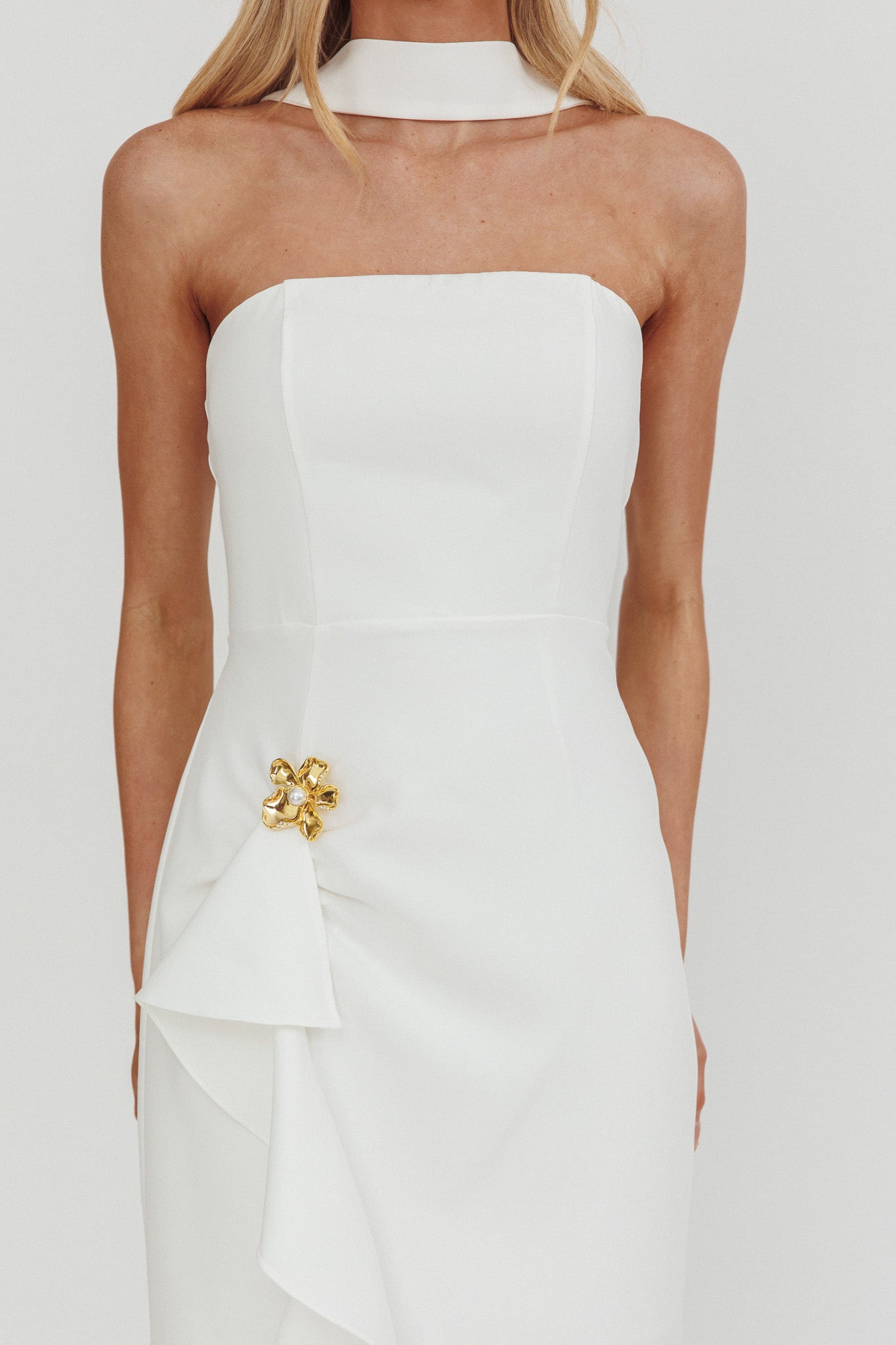 Selora Strapless Ruffle Maxi Dress White-Maymioy