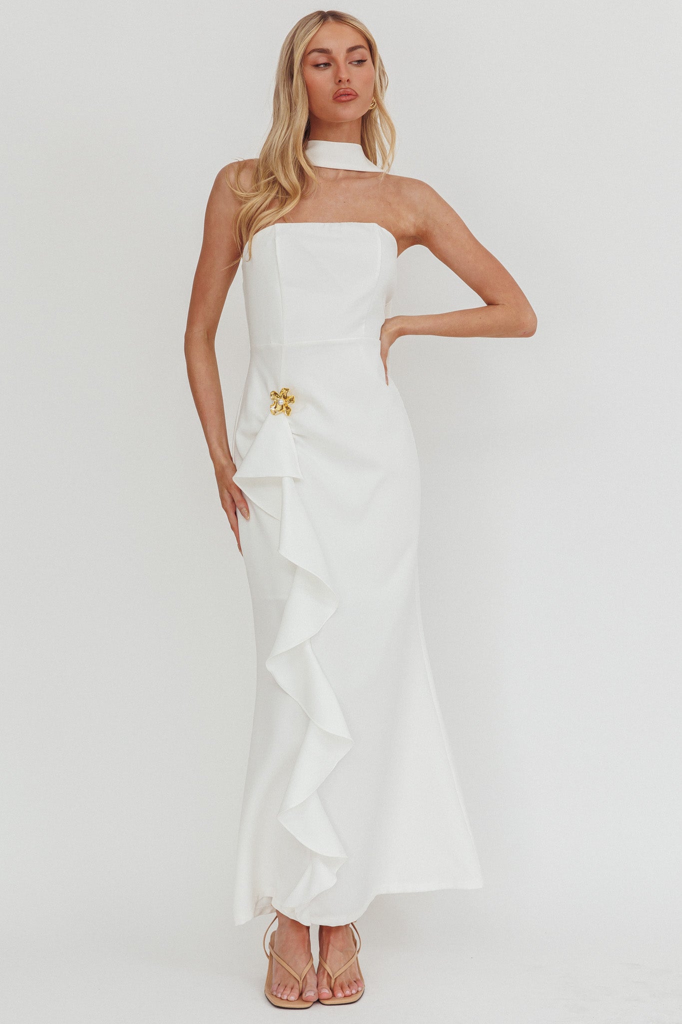 Selora Strapless Ruffle Maxi Dress White-Maymioy