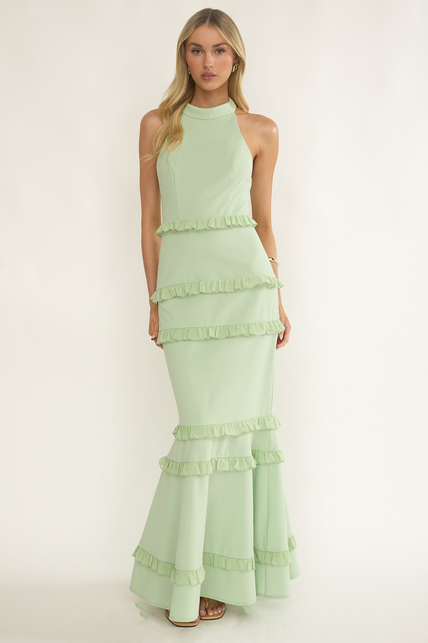 Haze Frill Trim Halterneck Maxi Dress Sage-Maymioy