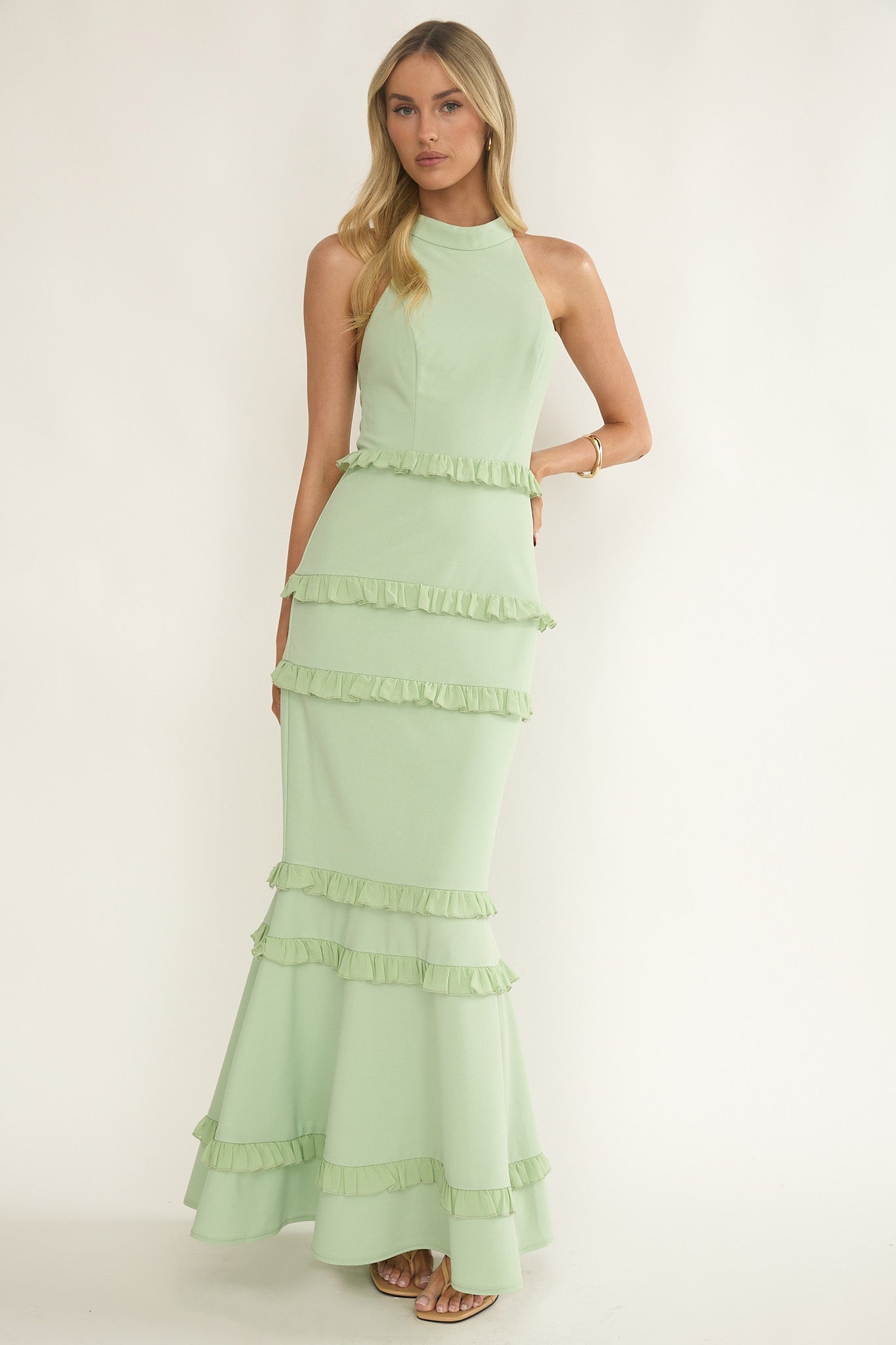 Haze Frill Trim Halterneck Maxi Dress Sage-Maymioy