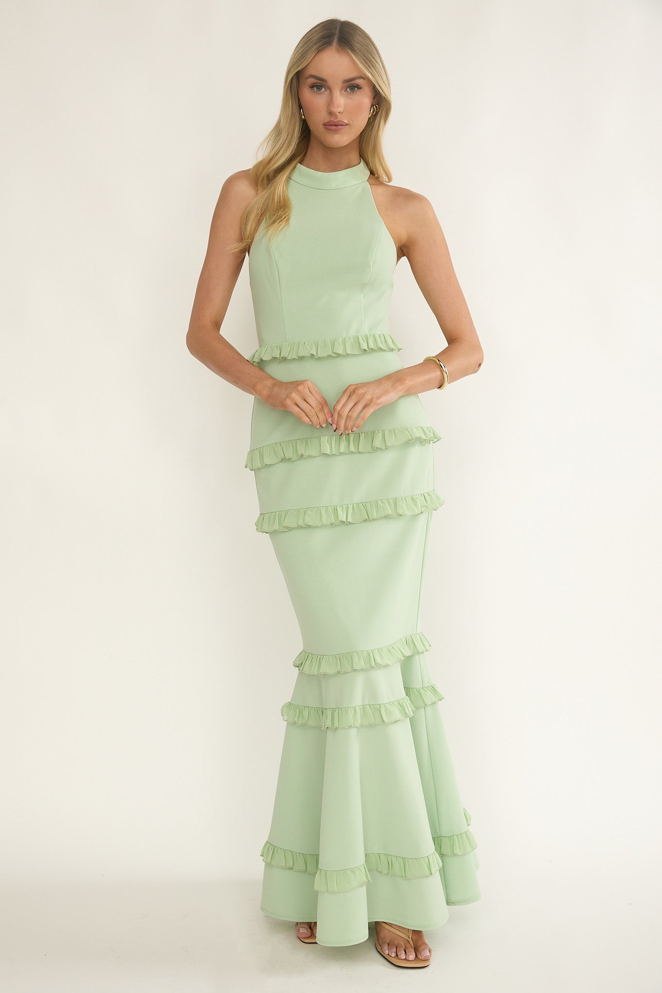 Haze Frill Trim Halterneck Maxi Dress Sage-Maymioy