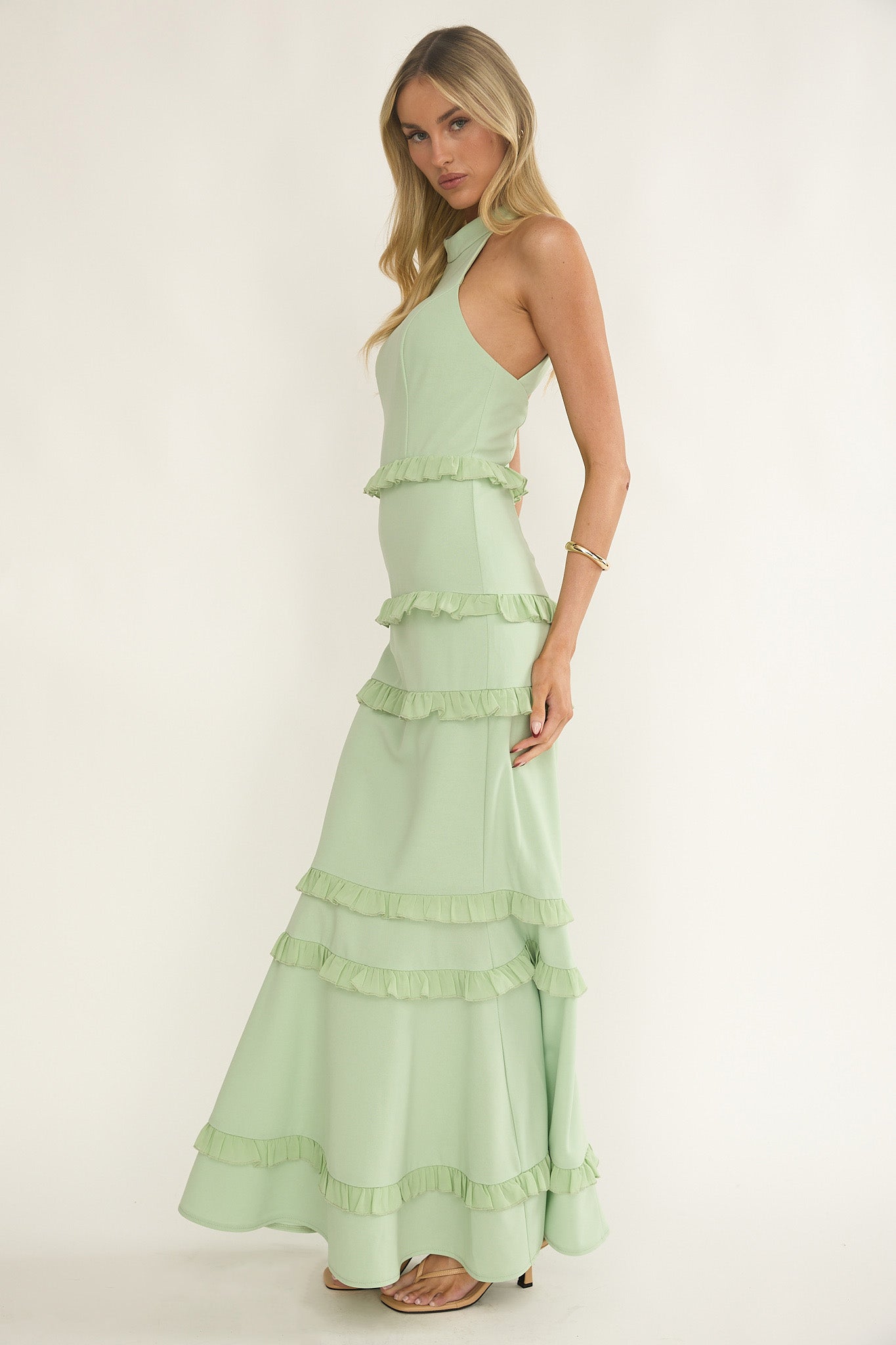 Haze Frill Trim Halterneck Maxi Dress Sage-Maymioy