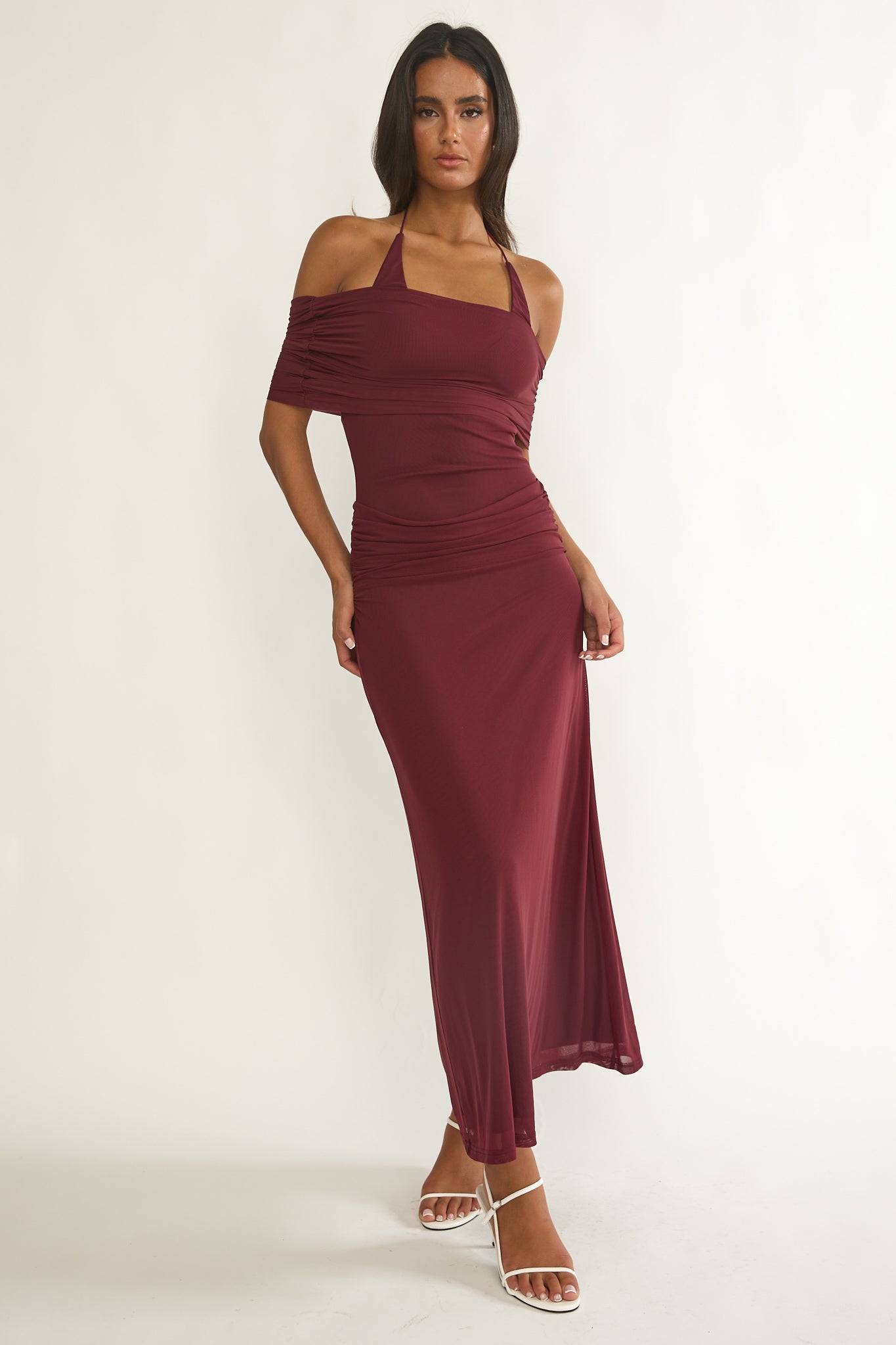 Carielle Off-Shoulder Halter Maxi Dress Wine-Maymioy