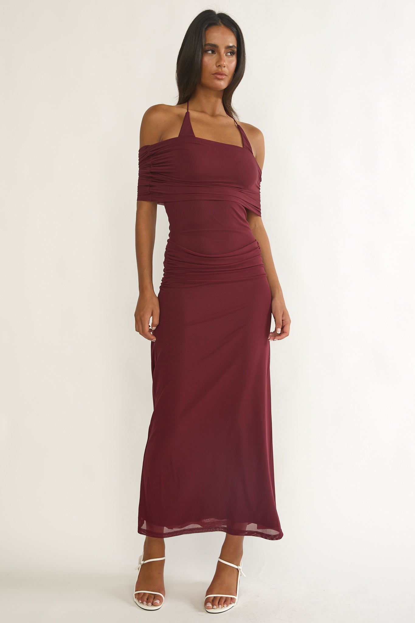 Carielle Off-Shoulder Halter Maxi Dress Wine-Maymioy