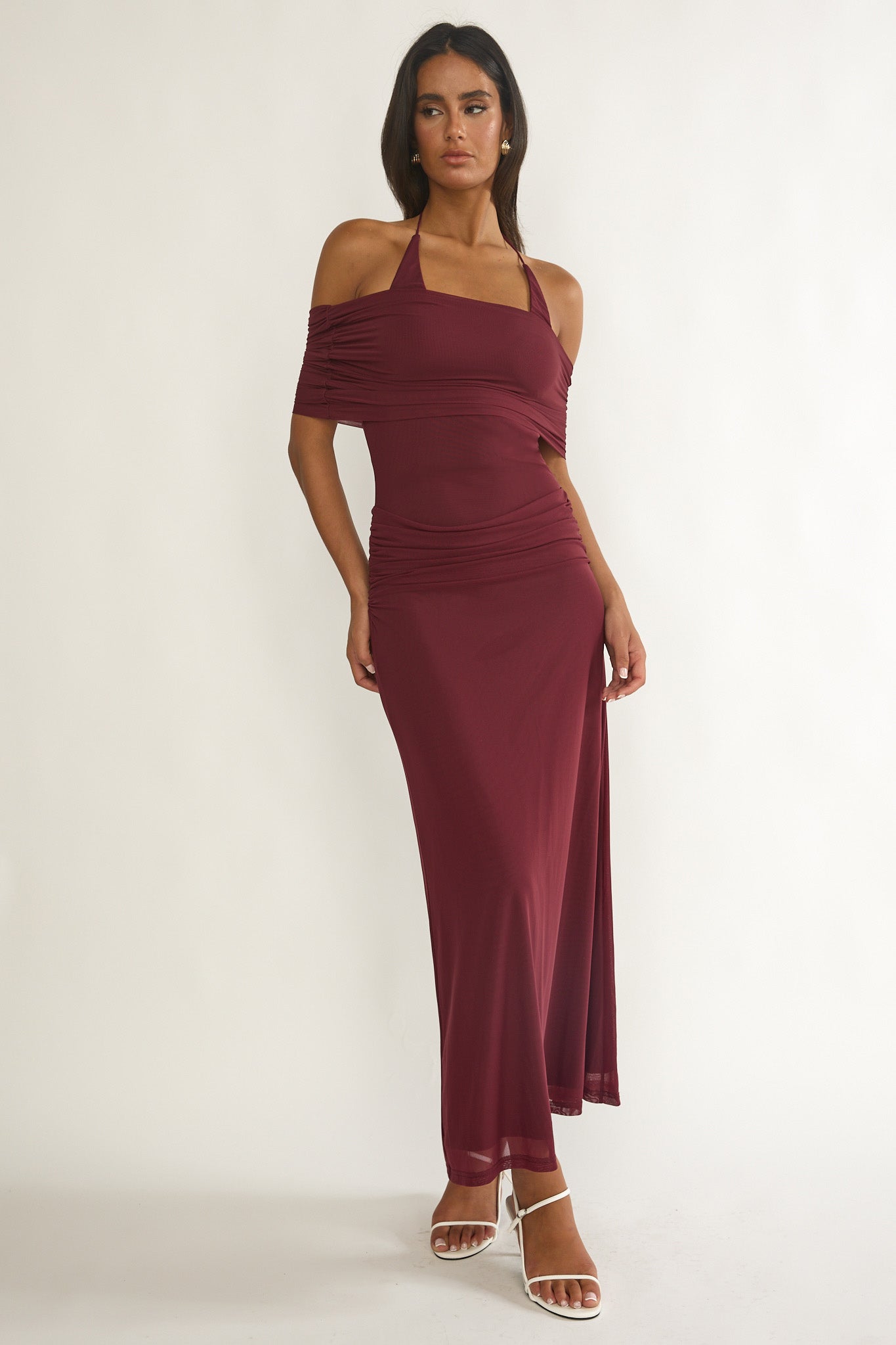 Carielle Off-Shoulder Halter Maxi Dress Wine-Maymioy