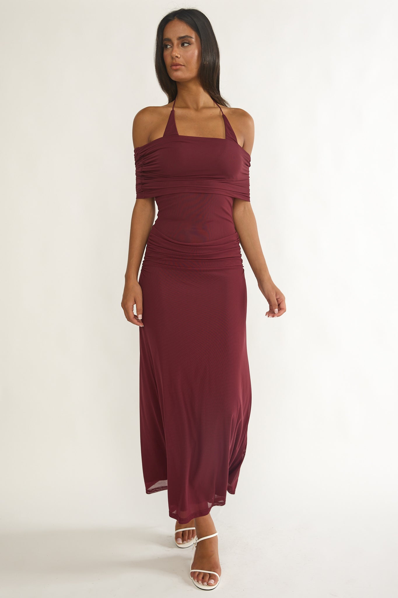 Carielle Off-Shoulder Halter Maxi Dress Wine-Maymioy