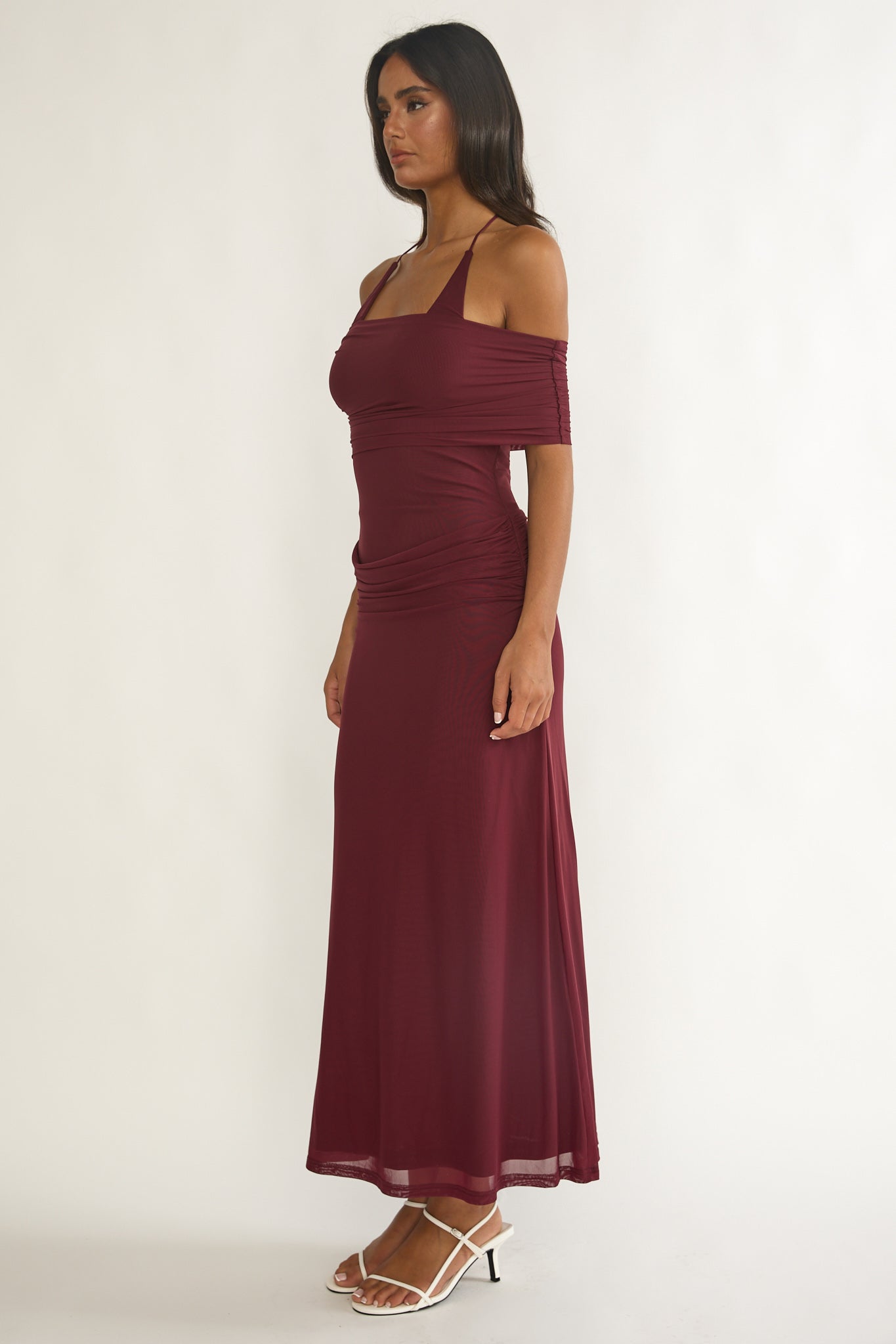 Carielle Off-Shoulder Halter Maxi Dress Wine-Maymioy