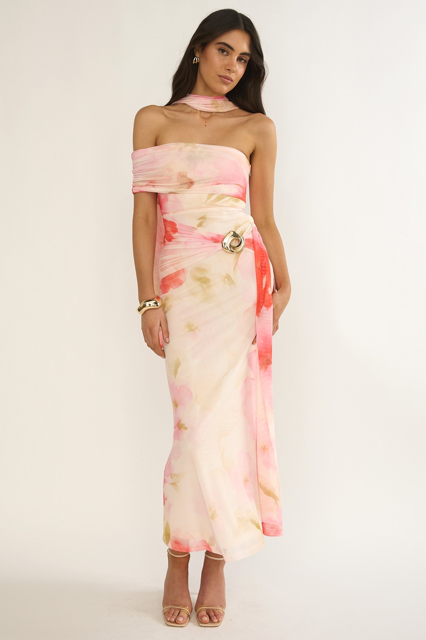 Carrisa One-Sleeve Maxi Dress Floral Pink-Maymioy