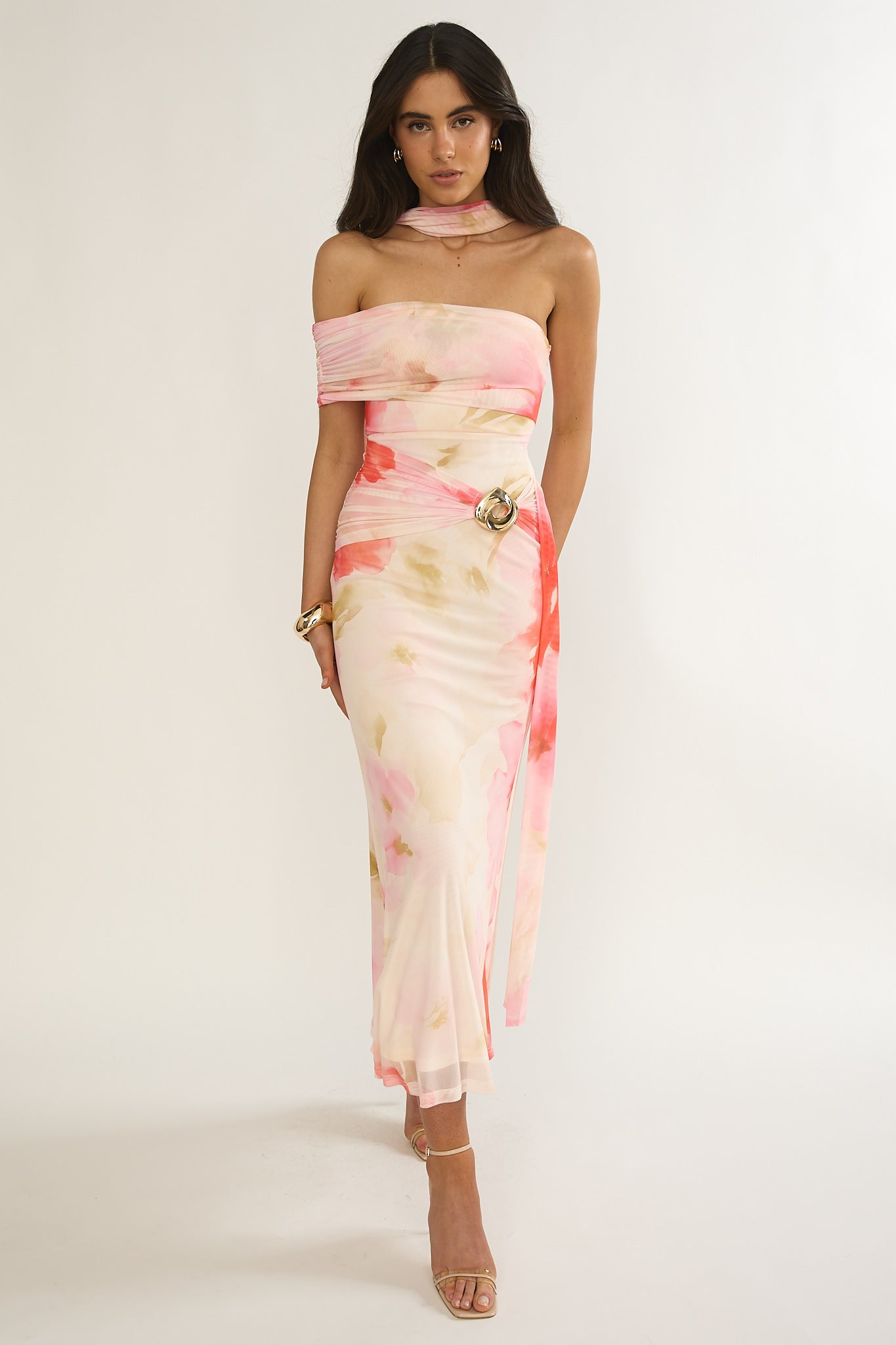 Carrisa One-Sleeve Maxi Dress Floral Pink-Maymioy