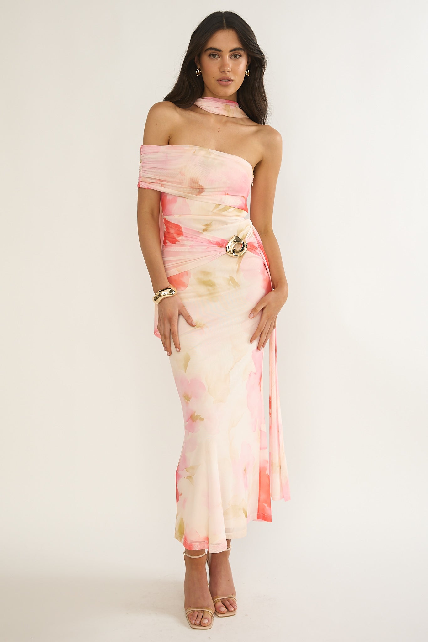 Carrisa One-Sleeve Maxi Dress Floral Pink-Maymioy