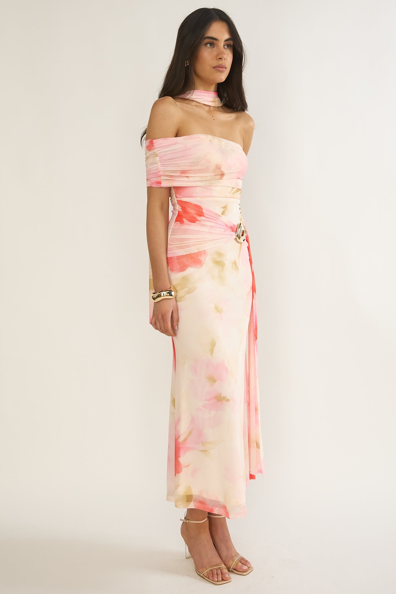 Carrisa One-Sleeve Maxi Dress Floral Pink-Maymioy
