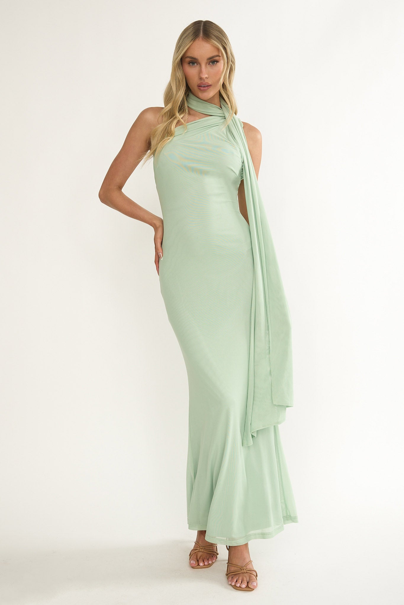 Ilyse Neck Scarf One-Shoulder Maxi Dress Mint-Maymioy