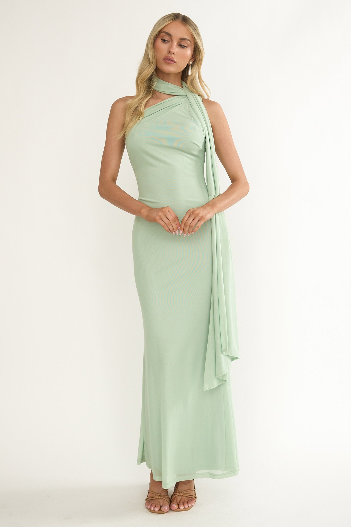 Ilyse Neck Scarf One-Shoulder Maxi Dress Mint-Maymioy