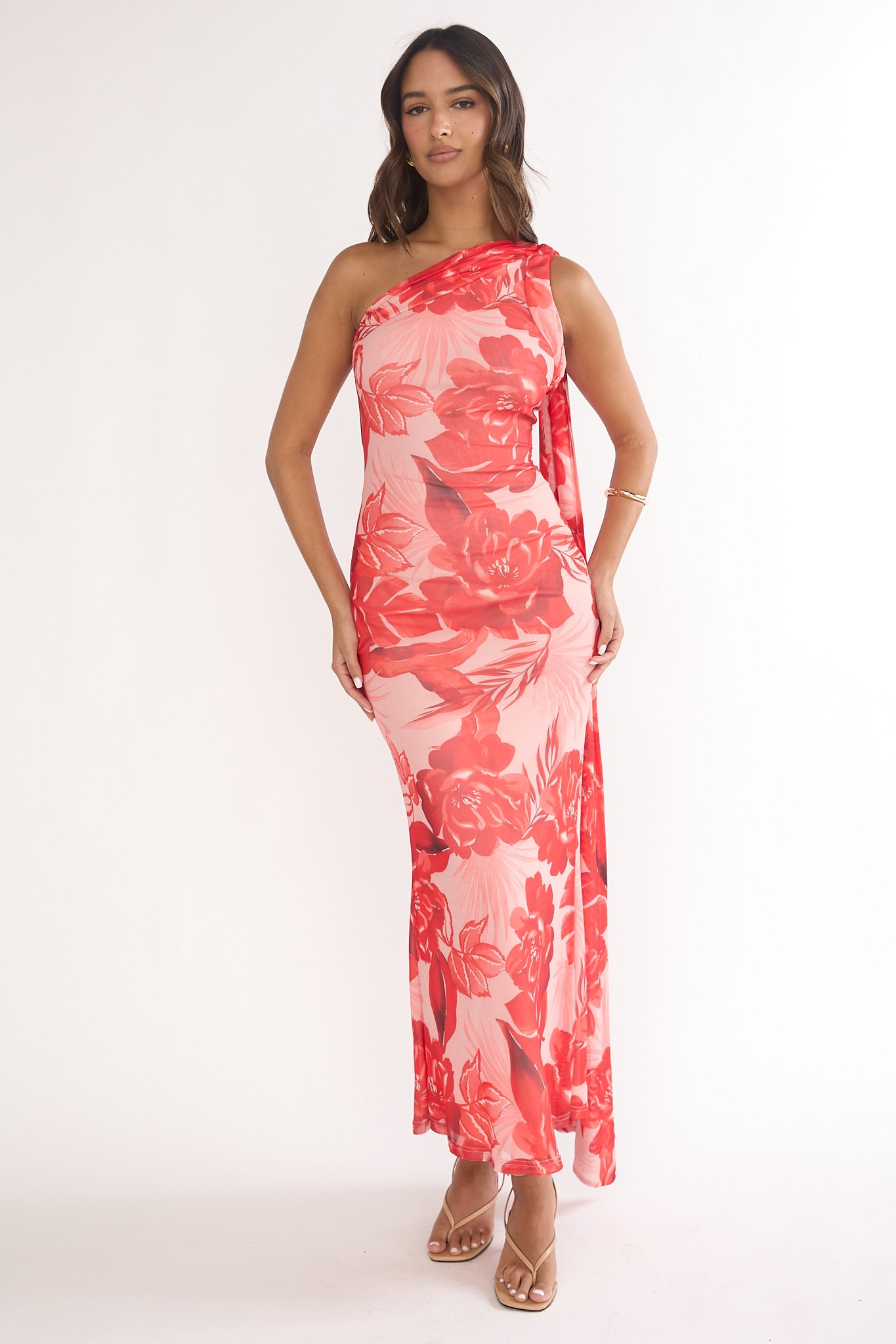 Ilyse Neck Scarf One-Shoulder Maxi Dress Floral Red-Maymioy