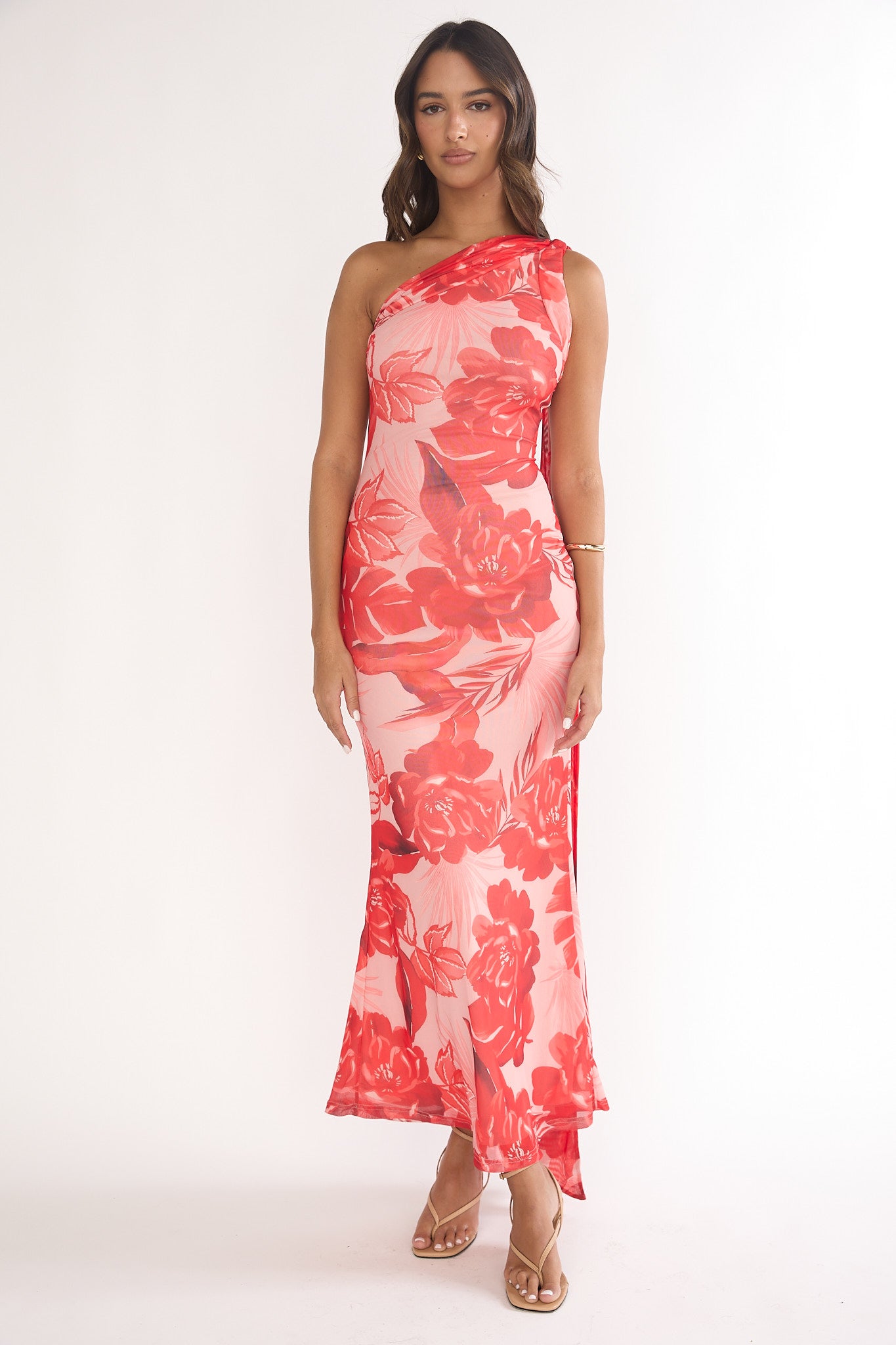 Ilyse Neck Scarf One-Shoulder Maxi Dress Floral Red-Maymioy