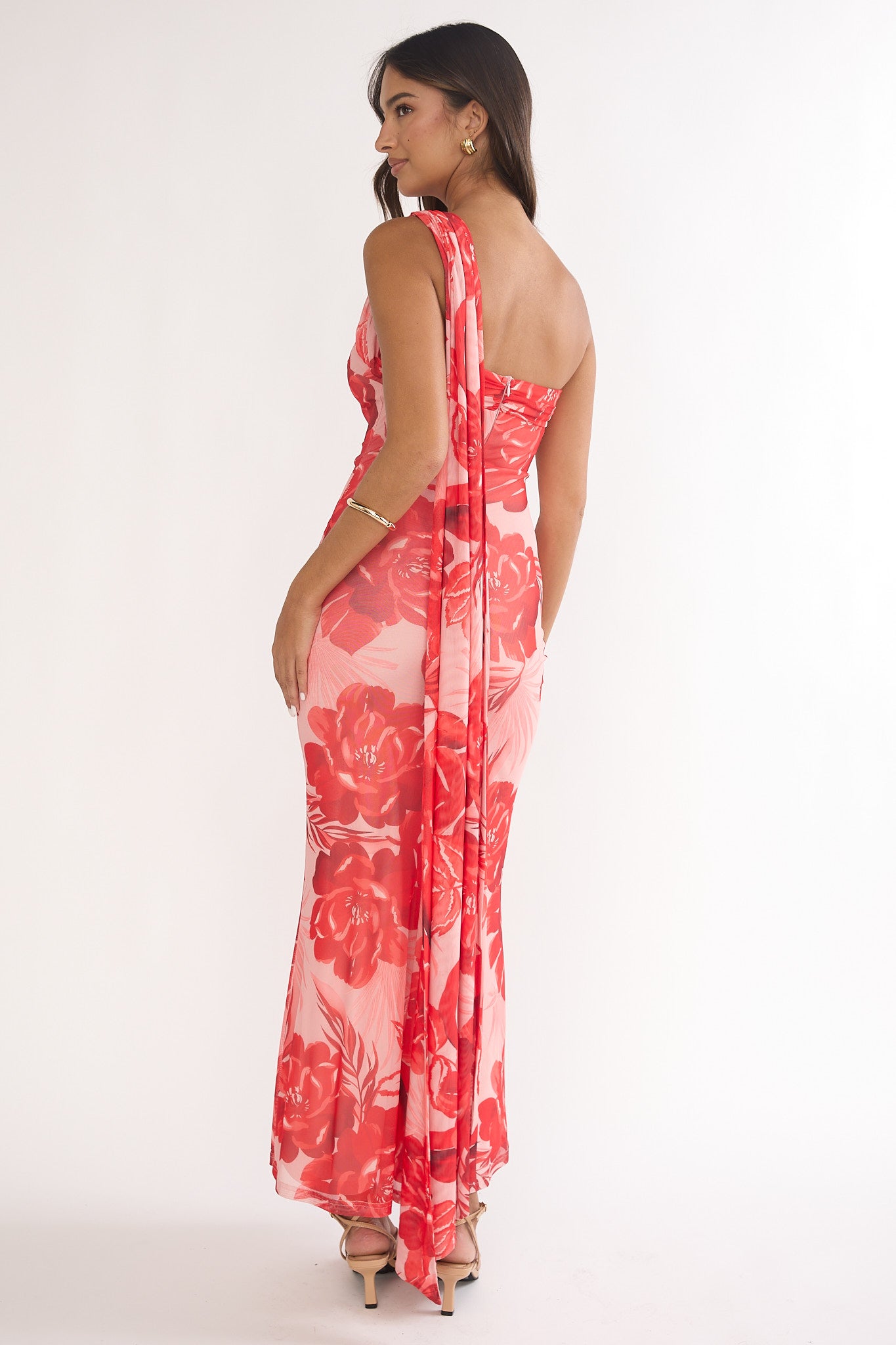 Ilyse Neck Scarf One-Shoulder Maxi Dress Floral Red-Maymioy