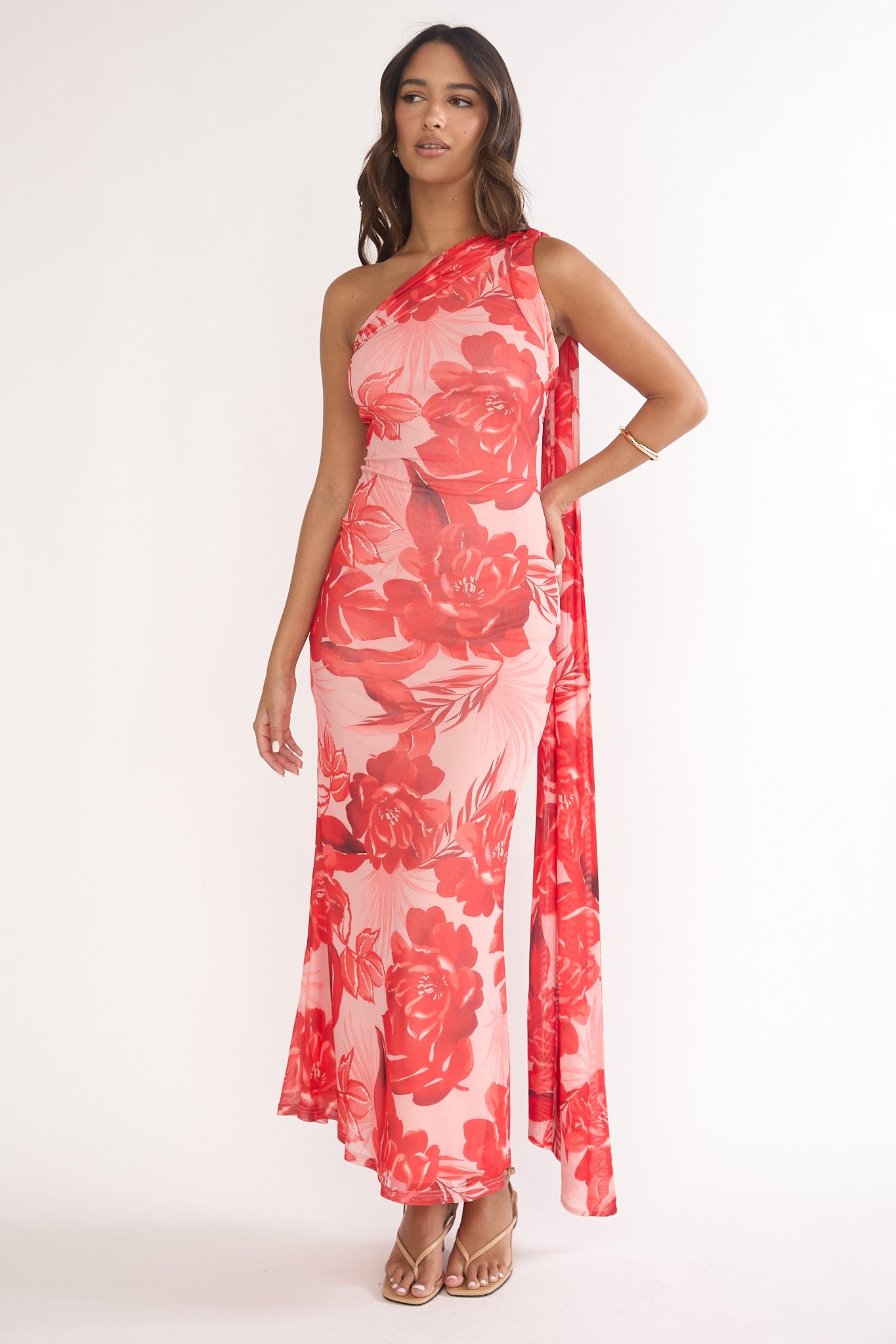 Ilyse Neck Scarf One-Shoulder Maxi Dress Floral Red-Maymioy