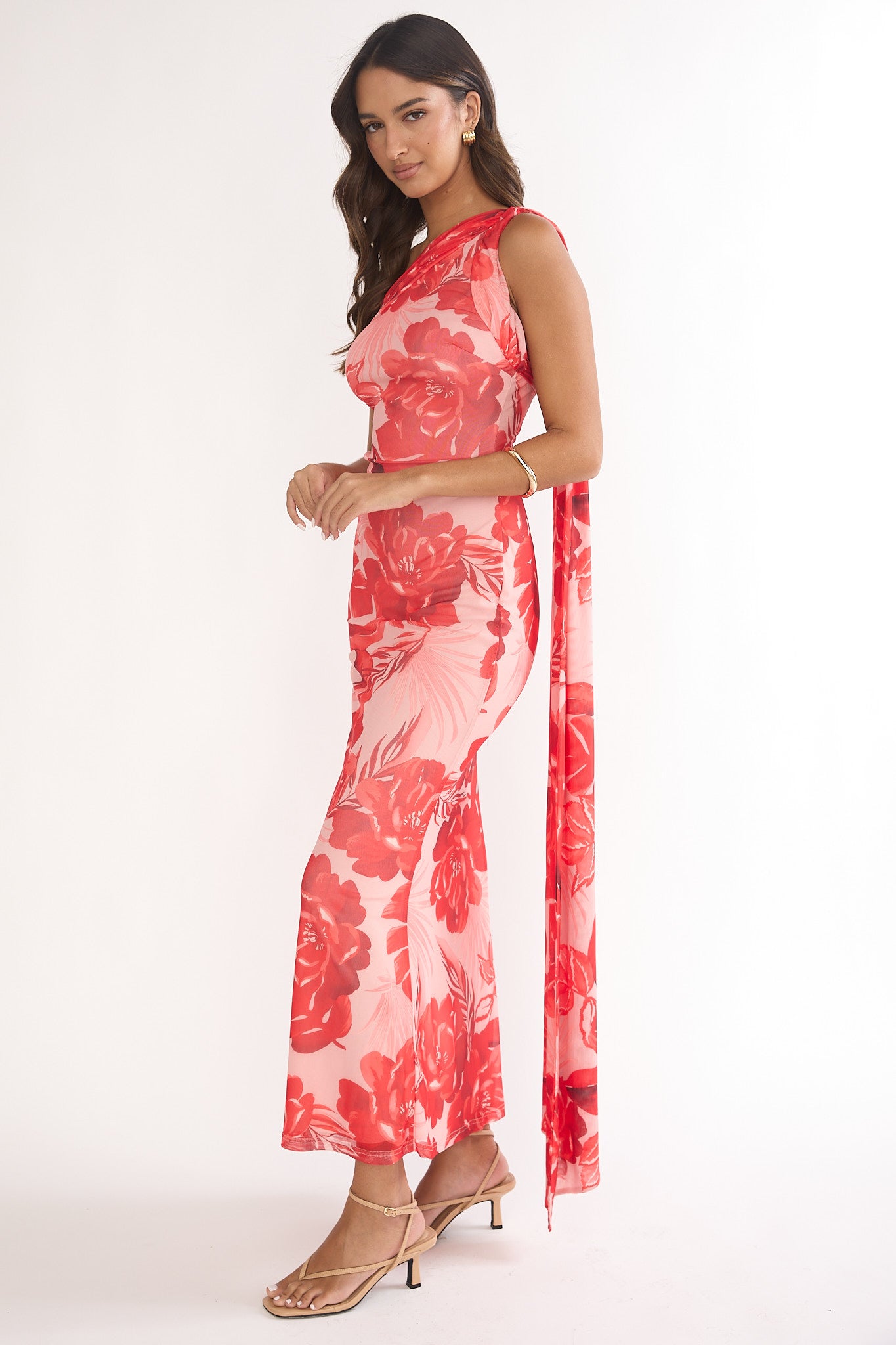 Ilyse Neck Scarf One-Shoulder Maxi Dress Floral Red-Maymioy