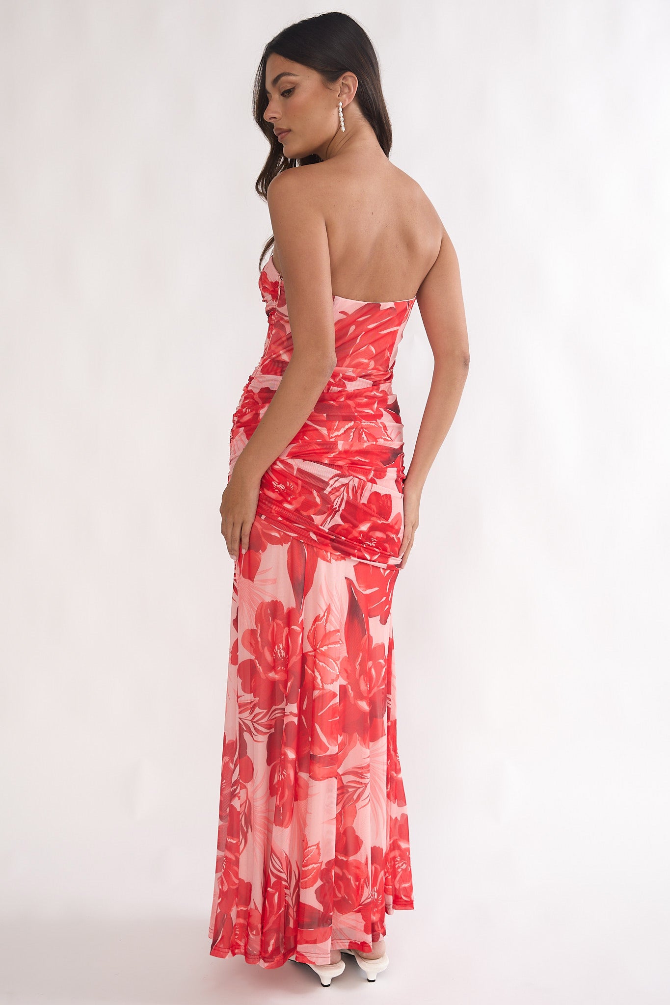 Kallira Strapless Ruched Maxi Dress Floral Red-Maymioy