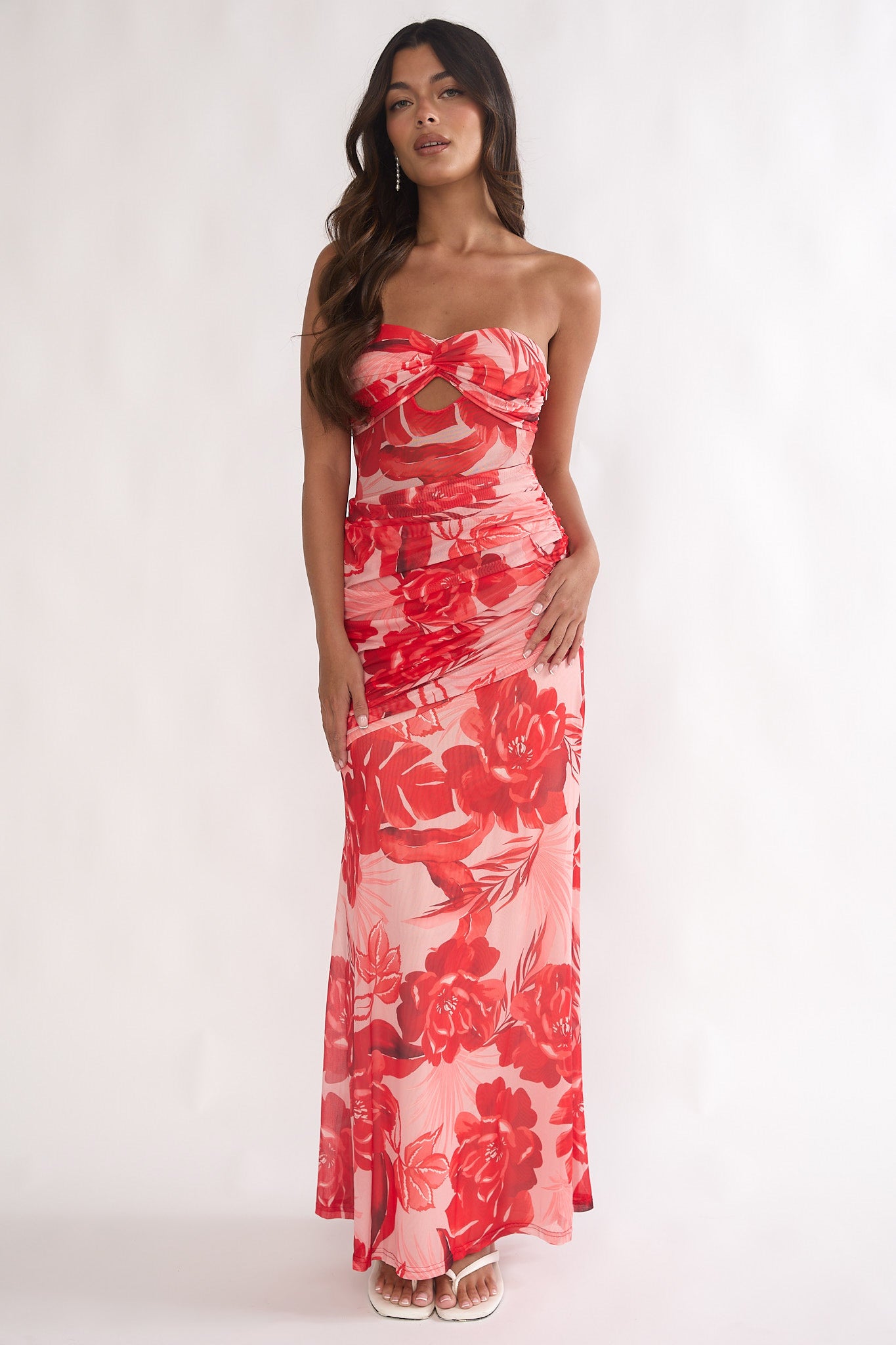Kallira Strapless Ruched Maxi Dress Floral Red-Maymioy