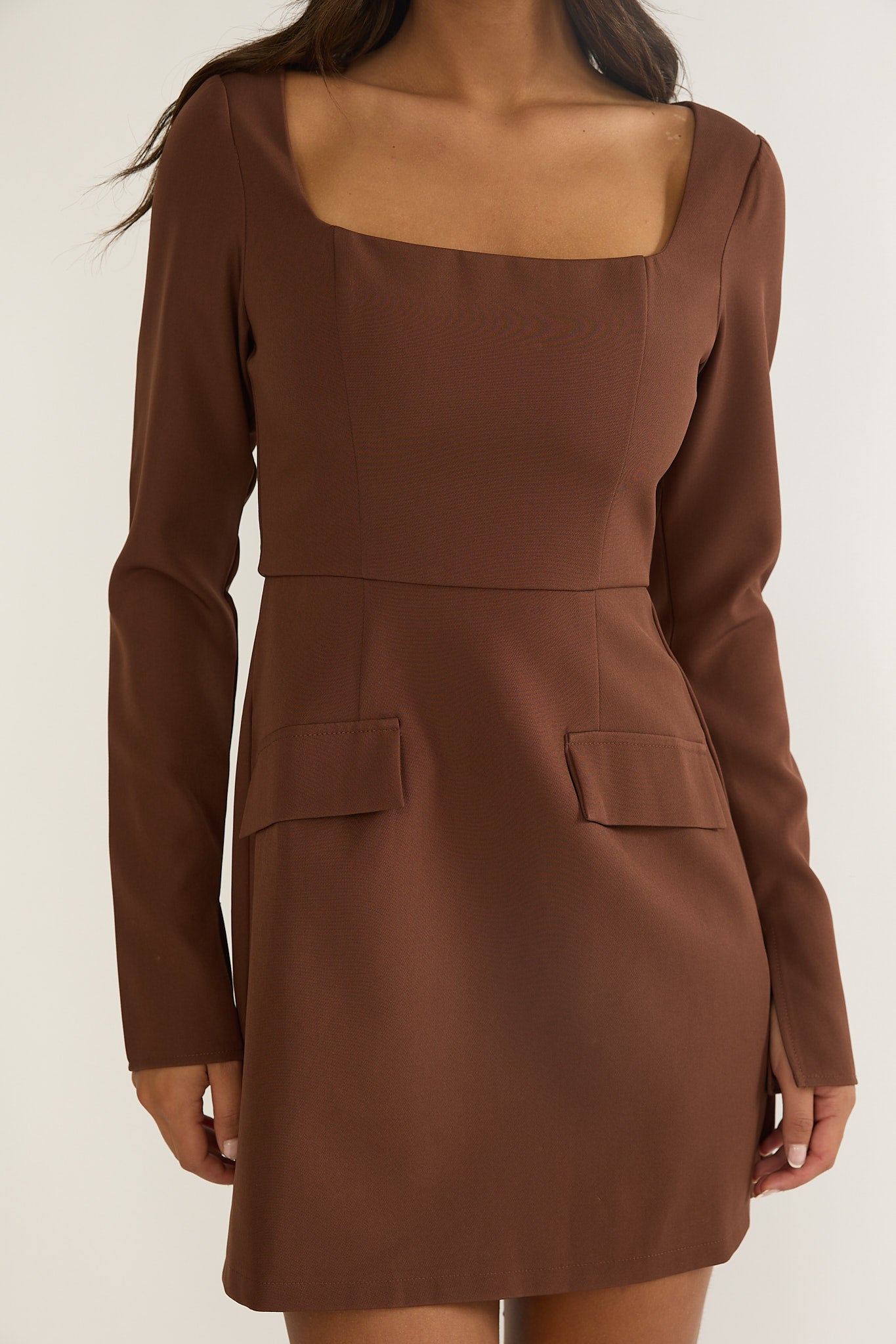 Calenne Long Sleeve Faux Pocket Mini Dress Coffee-Maymioy