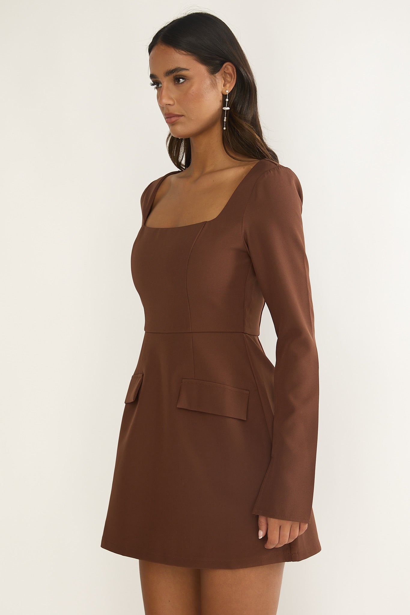 Calenne Long Sleeve Faux Pocket Mini Dress Coffee-Maymioy