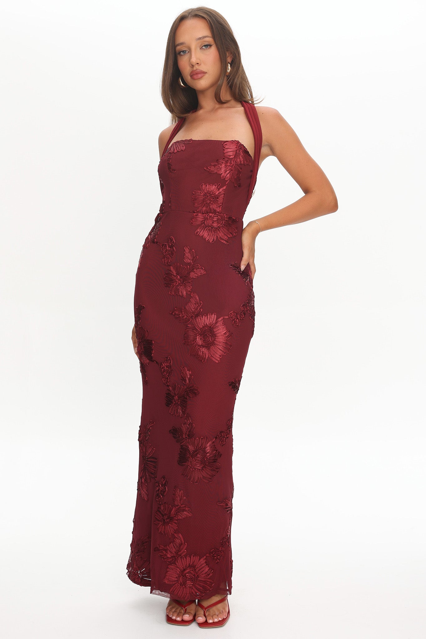 Serenya Halterneck Embellished Maxi Dress Wine-Maymioy