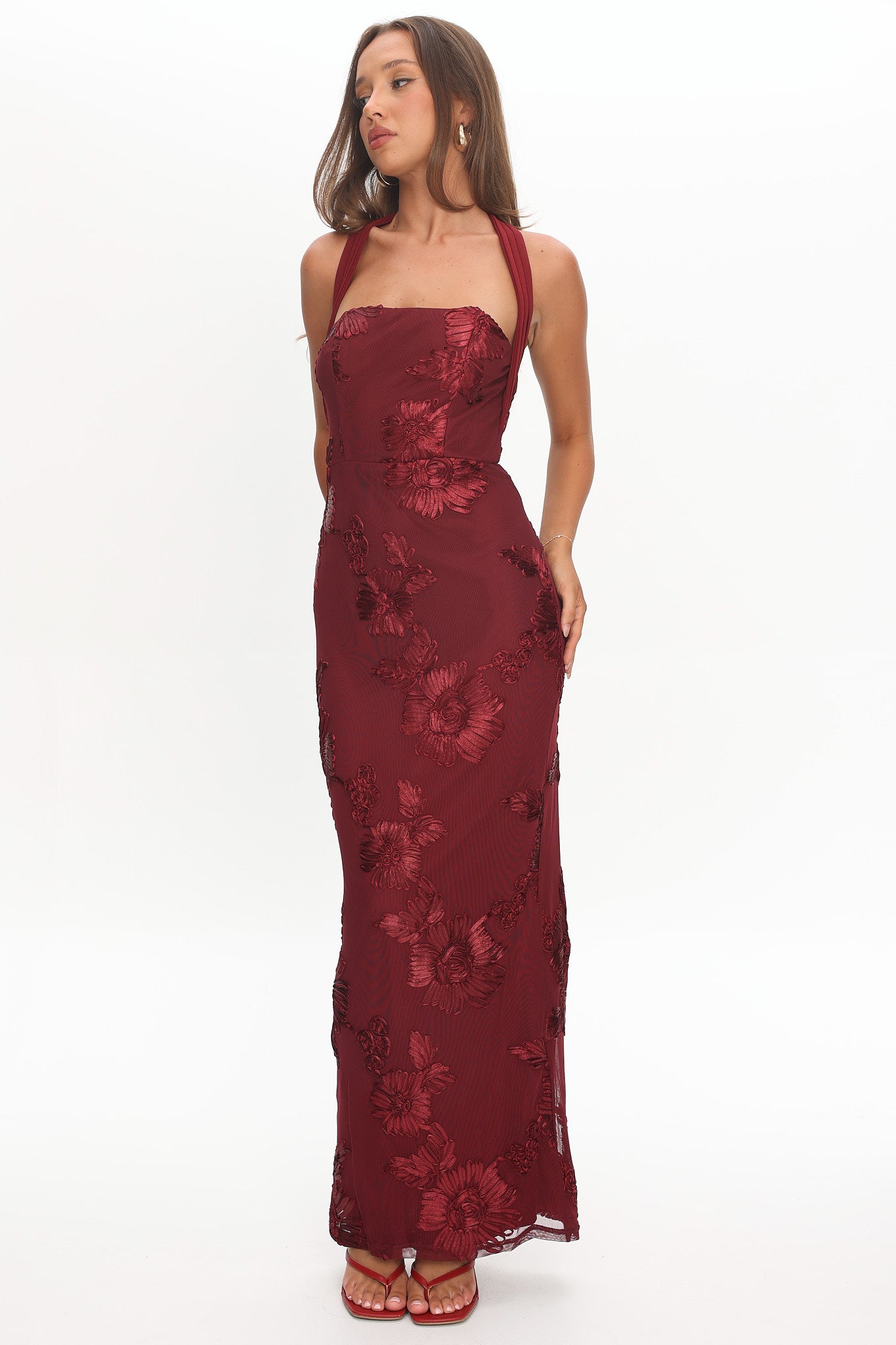 Serenya Halterneck Embellished Maxi Dress Wine-Maymioy