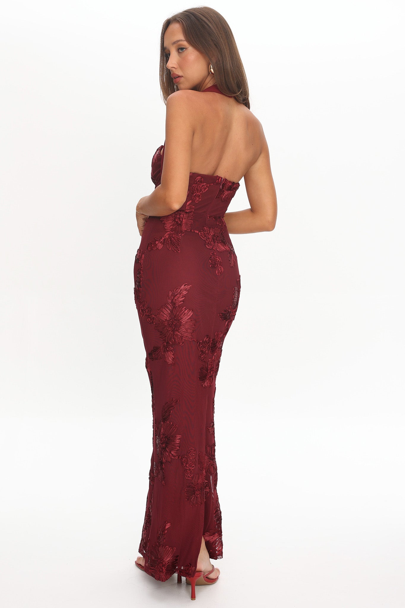 Serenya Halterneck Embellished Maxi Dress Wine-Maymioy