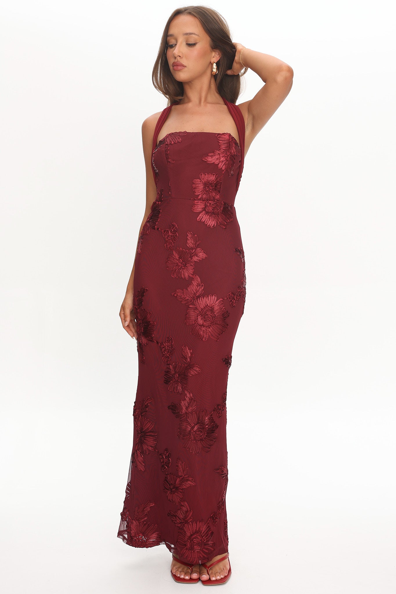 Serenya Halterneck Embellished Maxi Dress Wine-Maymioy