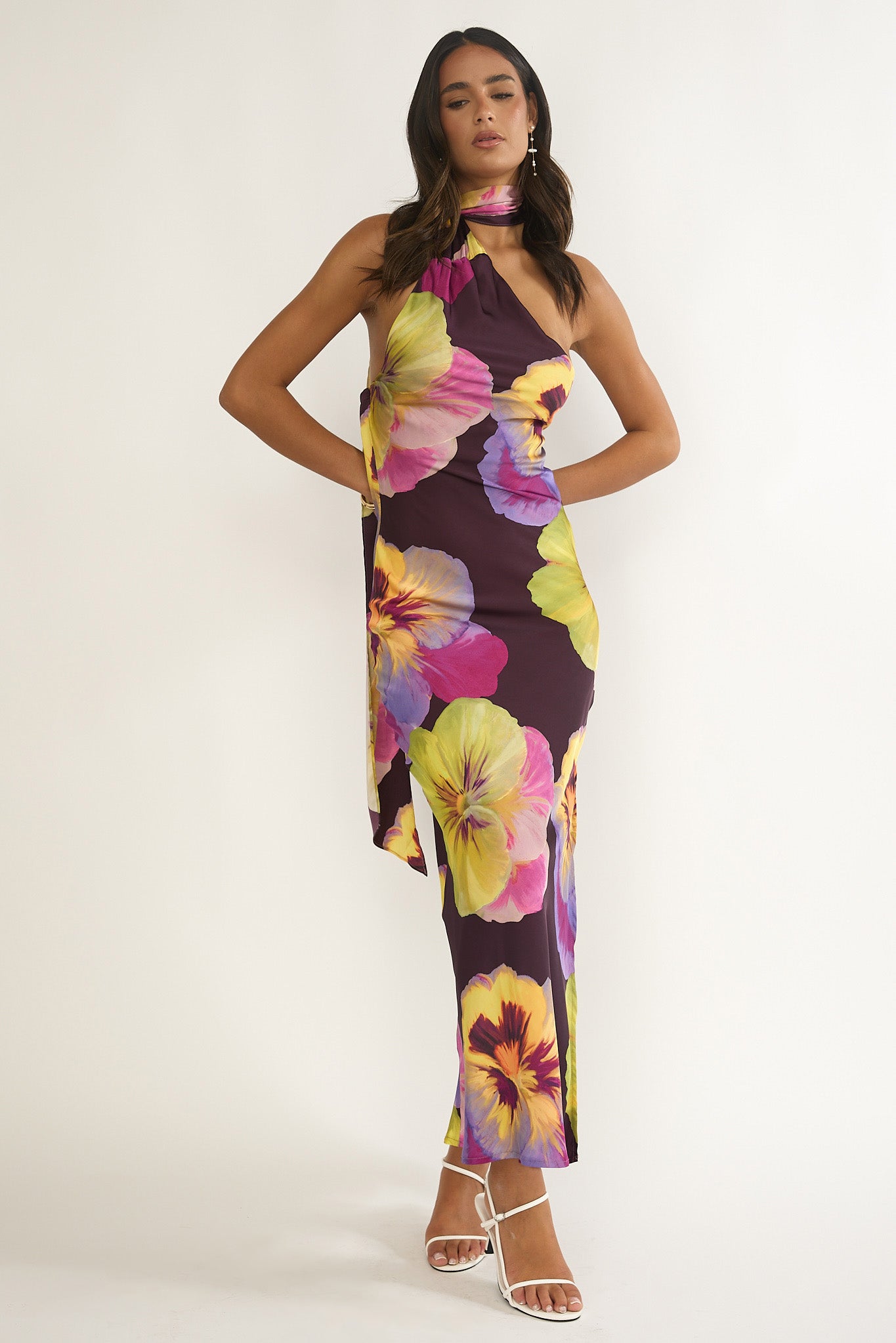 Ilyse Open Cowl Back Maxi Dress Pansies Plum-Maymioy