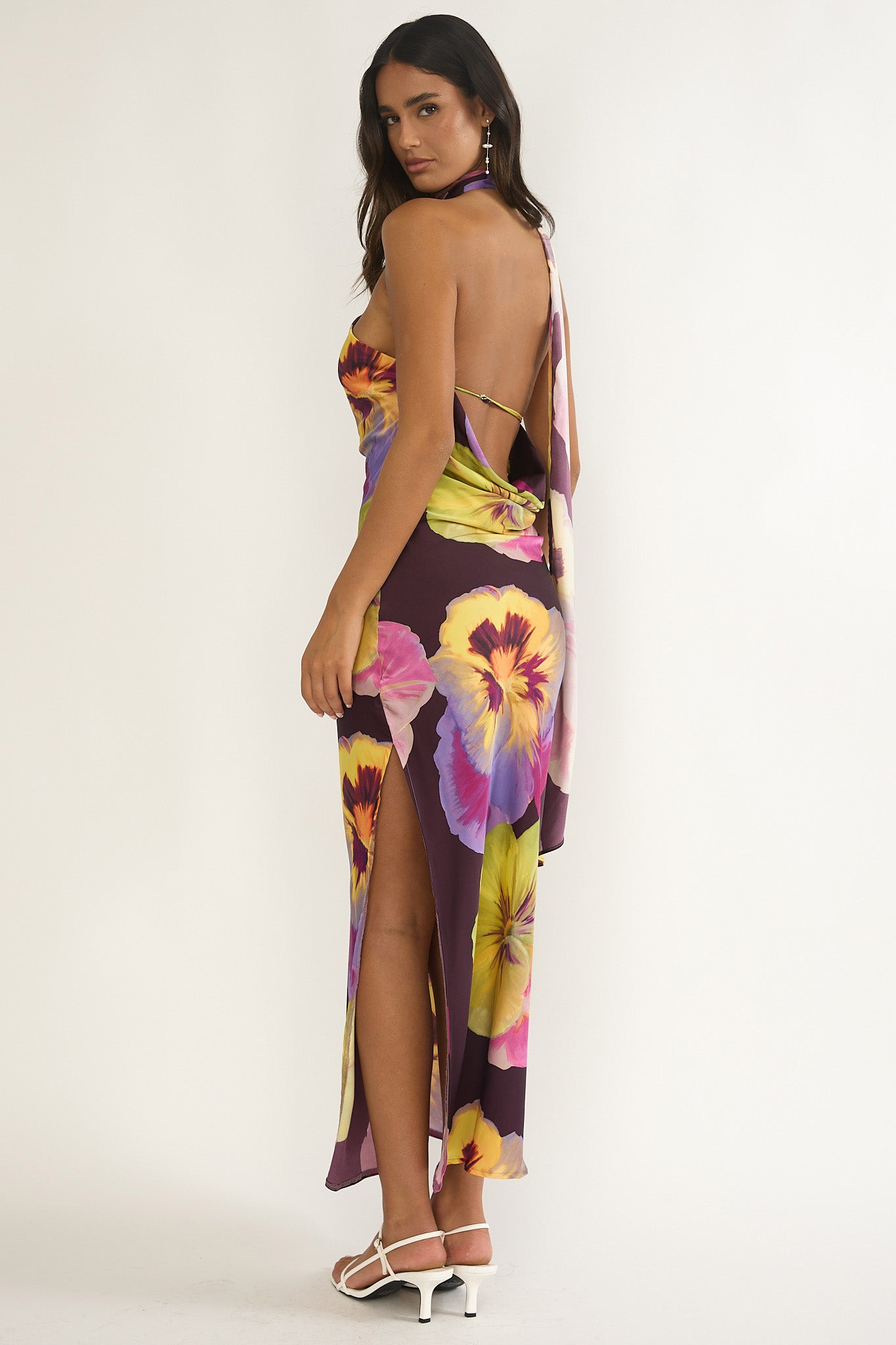 Ilyse Open Cowl Back Maxi Dress Pansies Plum-Maymioy