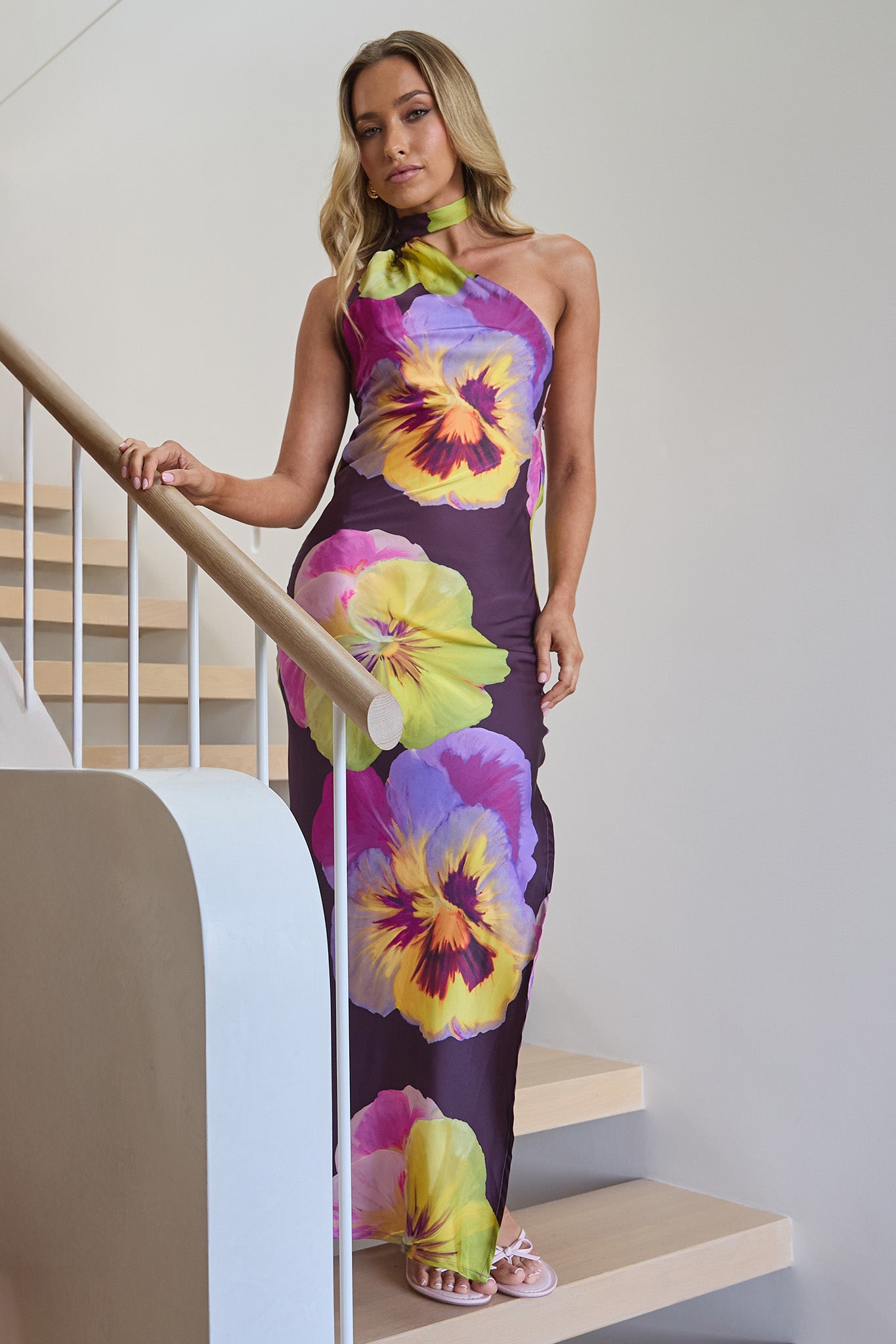Ilyse Open Cowl Back Maxi Dress Pansies Plum-Maymioy