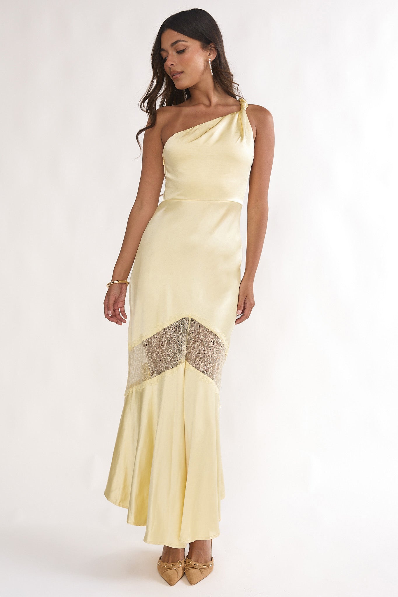Avielle Lace Trim One-Shoulder Maxi Dress Butter-Maymioy