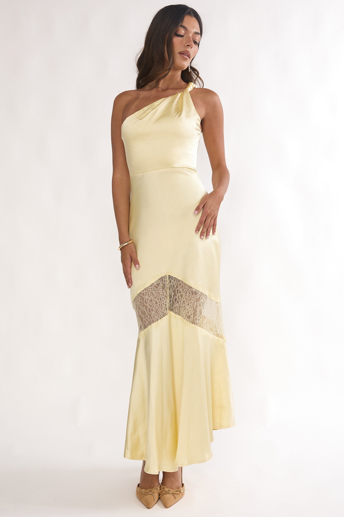 Avielle Lace Trim One-Shoulder Maxi Dress Butter-Maymioy