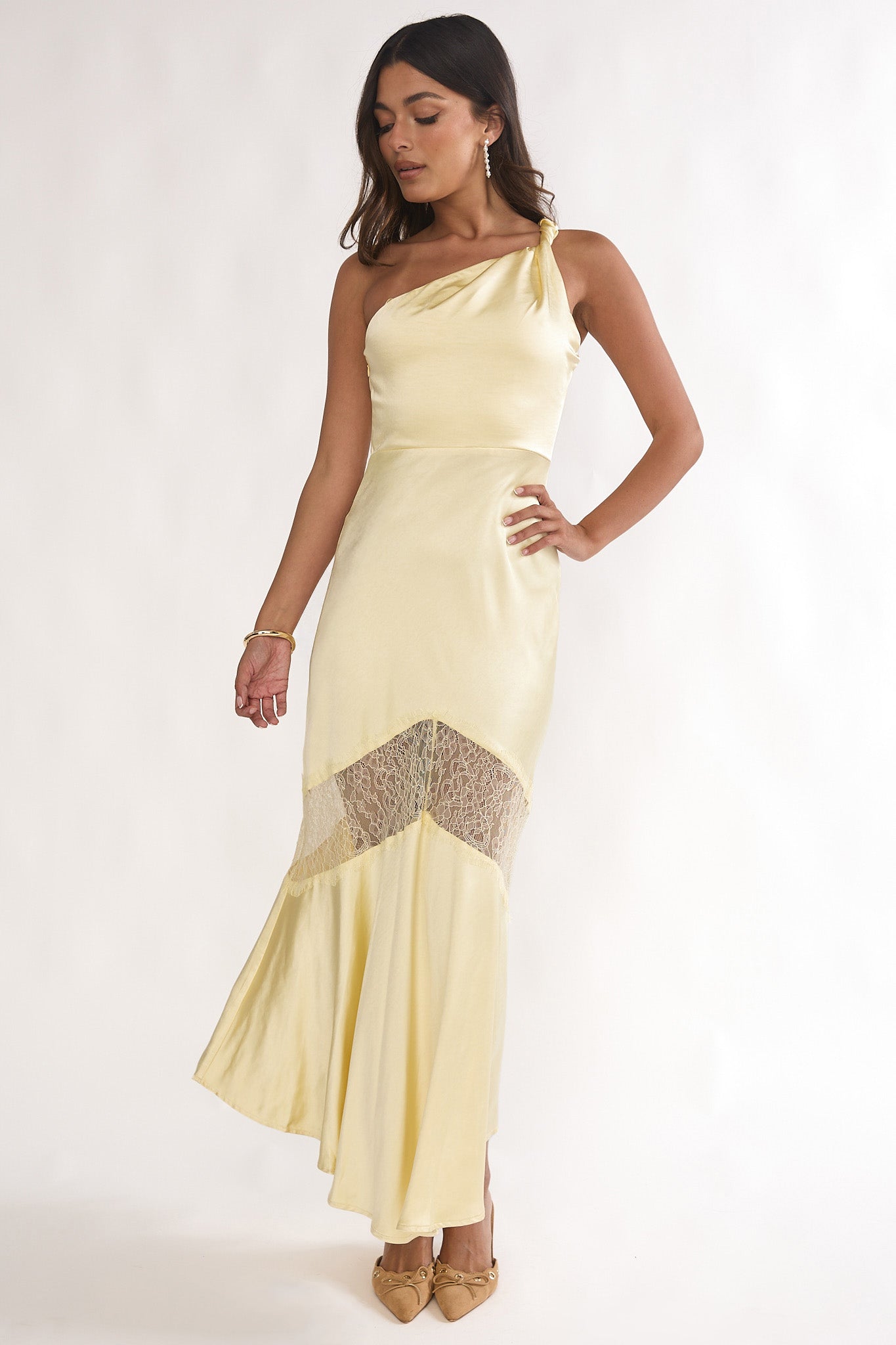 Avielle Lace Trim One-Shoulder Maxi Dress Butter-Maymioy