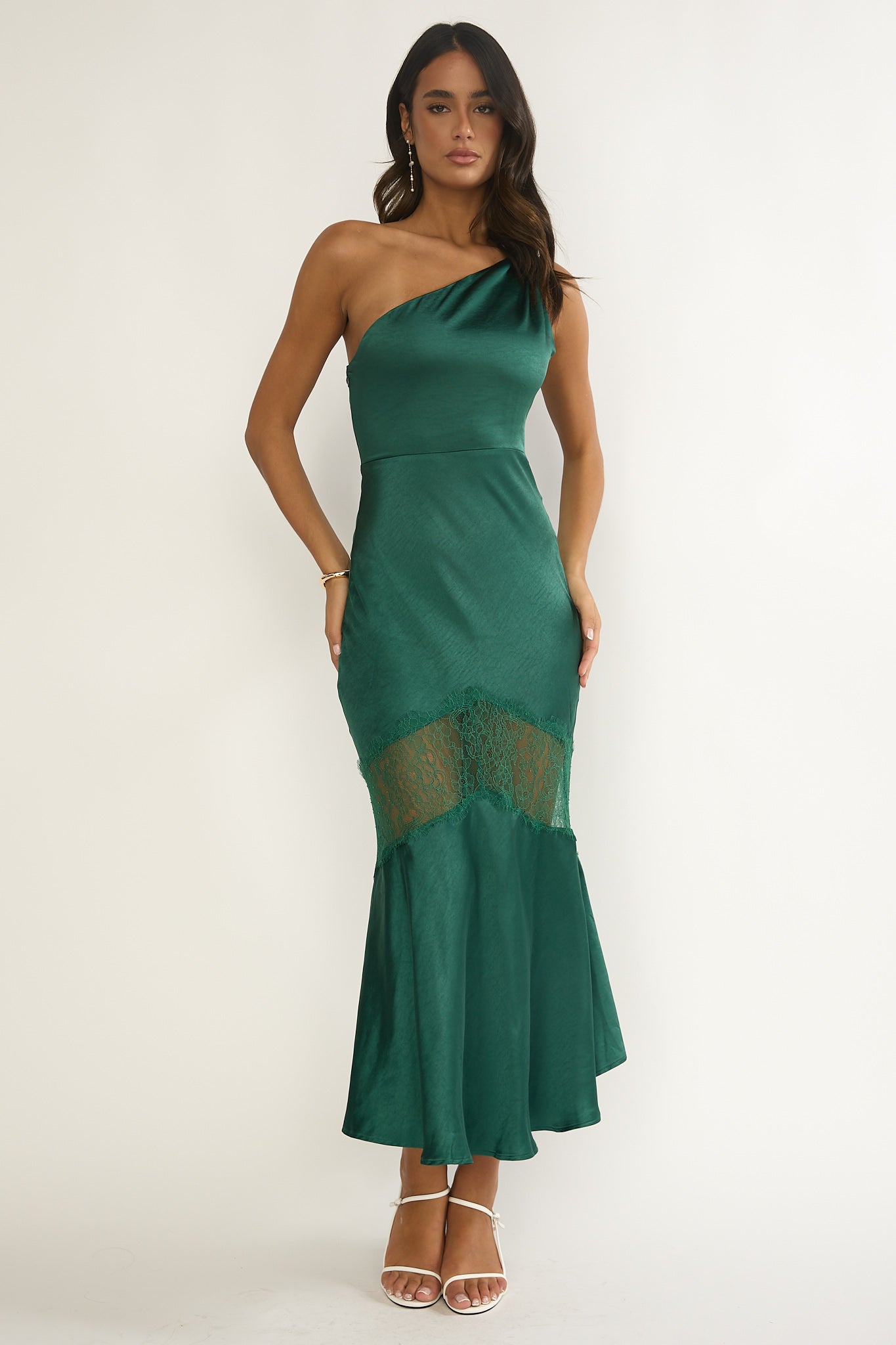 Avielle Lace Trim One-Shoulder Maxi Dress Forest Green-Maymioy