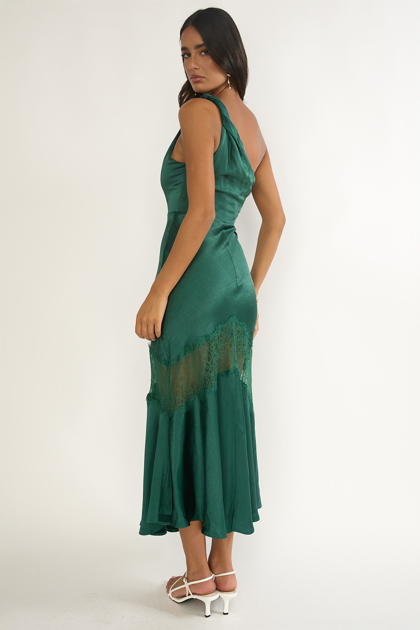 Avielle Lace Trim One-Shoulder Maxi Dress Forest Green-Maymioy