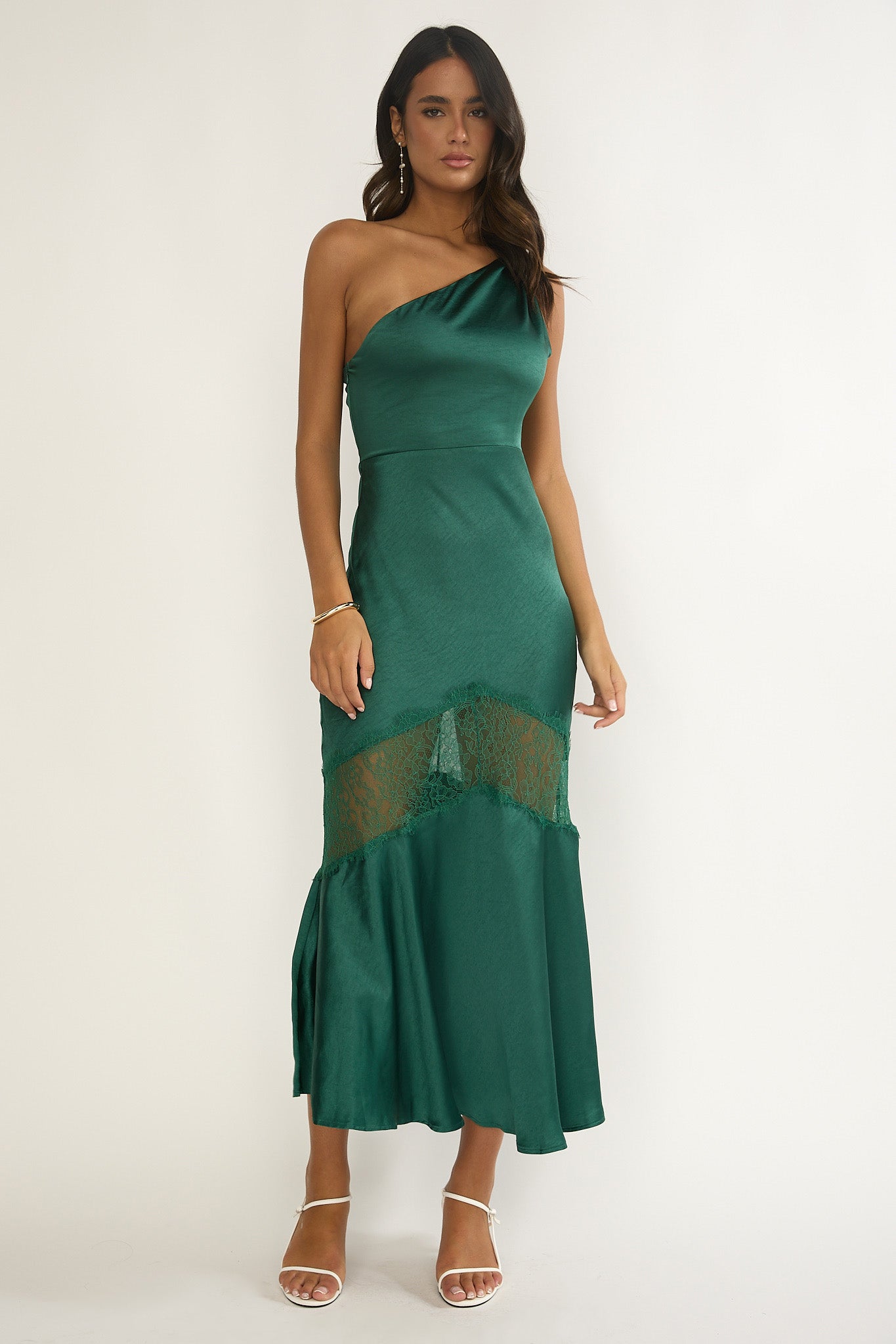 Avielle Lace Trim One-Shoulder Maxi Dress Forest Green-Maymioy