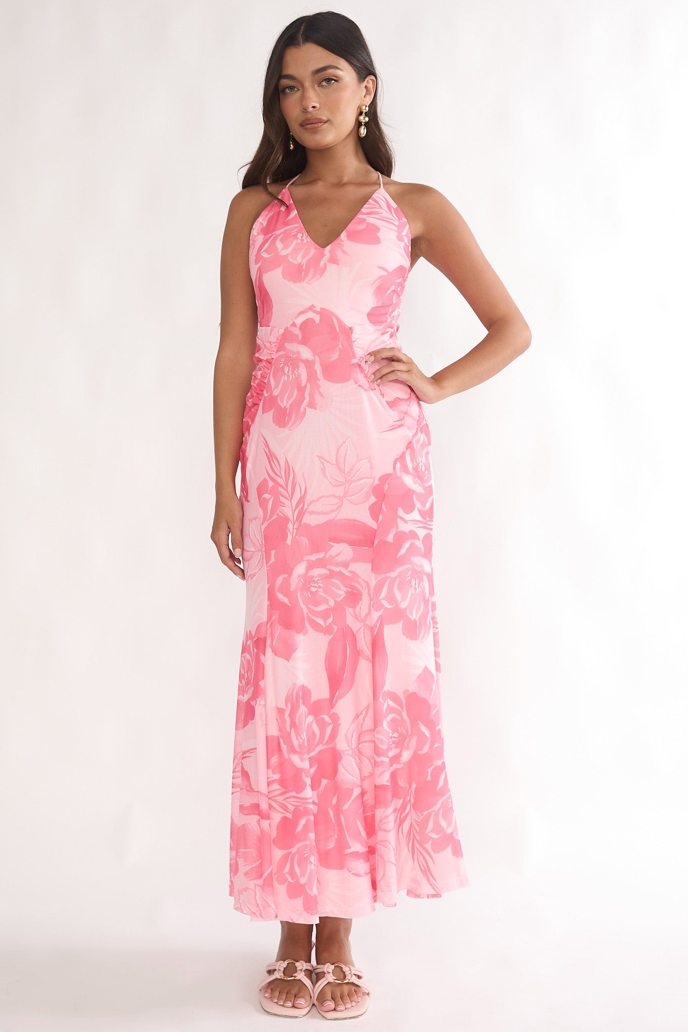 Meloria Low Back Maxi Dress Floral Pink-Maymioy