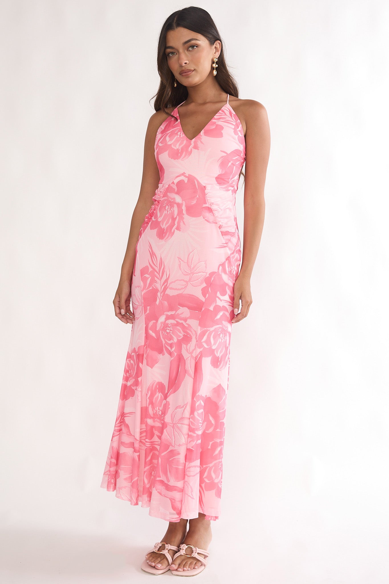 Meloria Low Back Maxi Dress Floral Pink-Maymioy