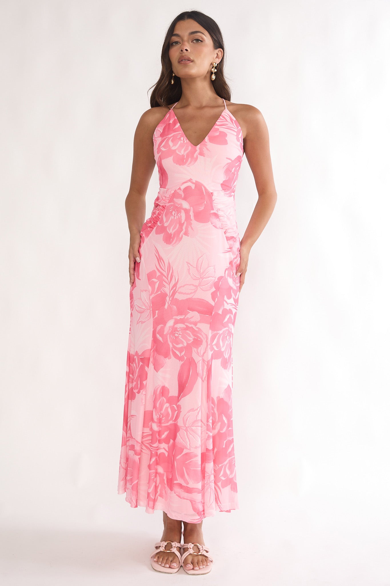 Meloria Low Back Maxi Dress Floral Pink-Maymioy