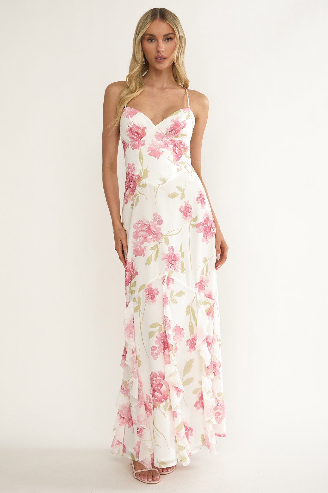 Charlisa Strappy Back Ruffle Maxi Dress Flowers White-Maymioy