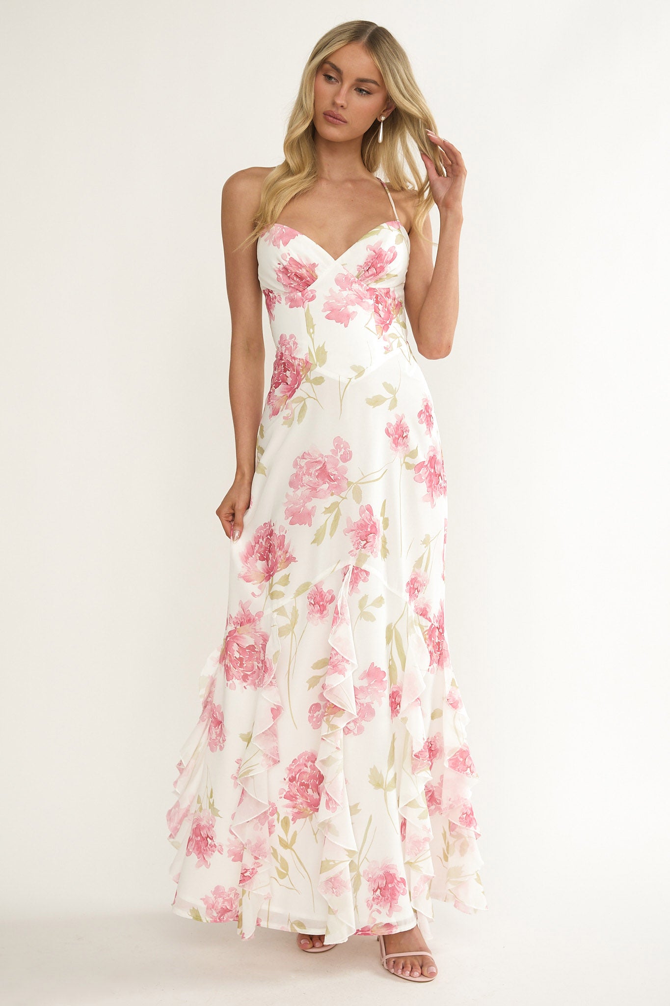 Charlisa Strappy Back Ruffle Maxi Dress Flowers White-Maymioy
