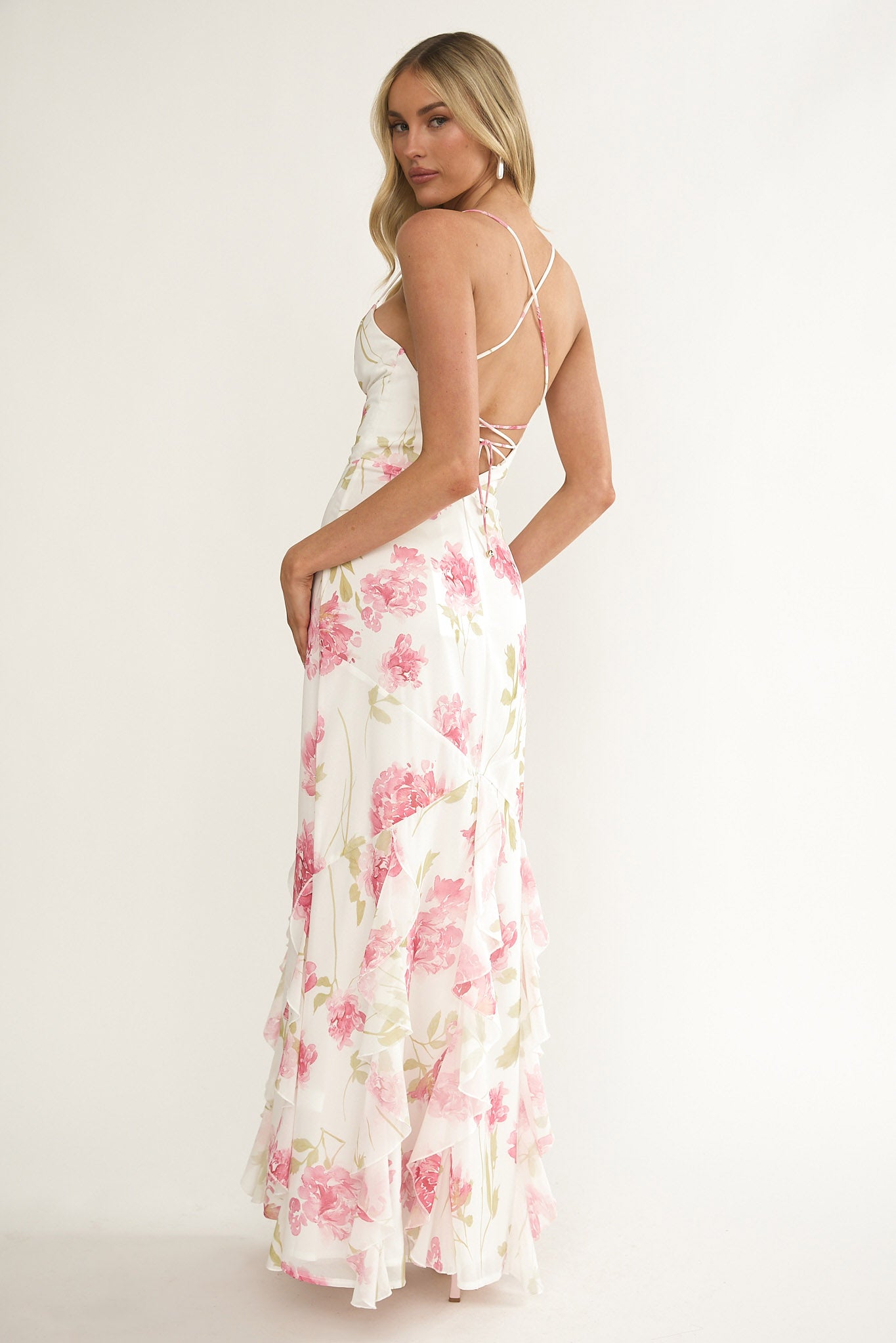 Charlisa Strappy Back Ruffle Maxi Dress Flowers White-Maymioy