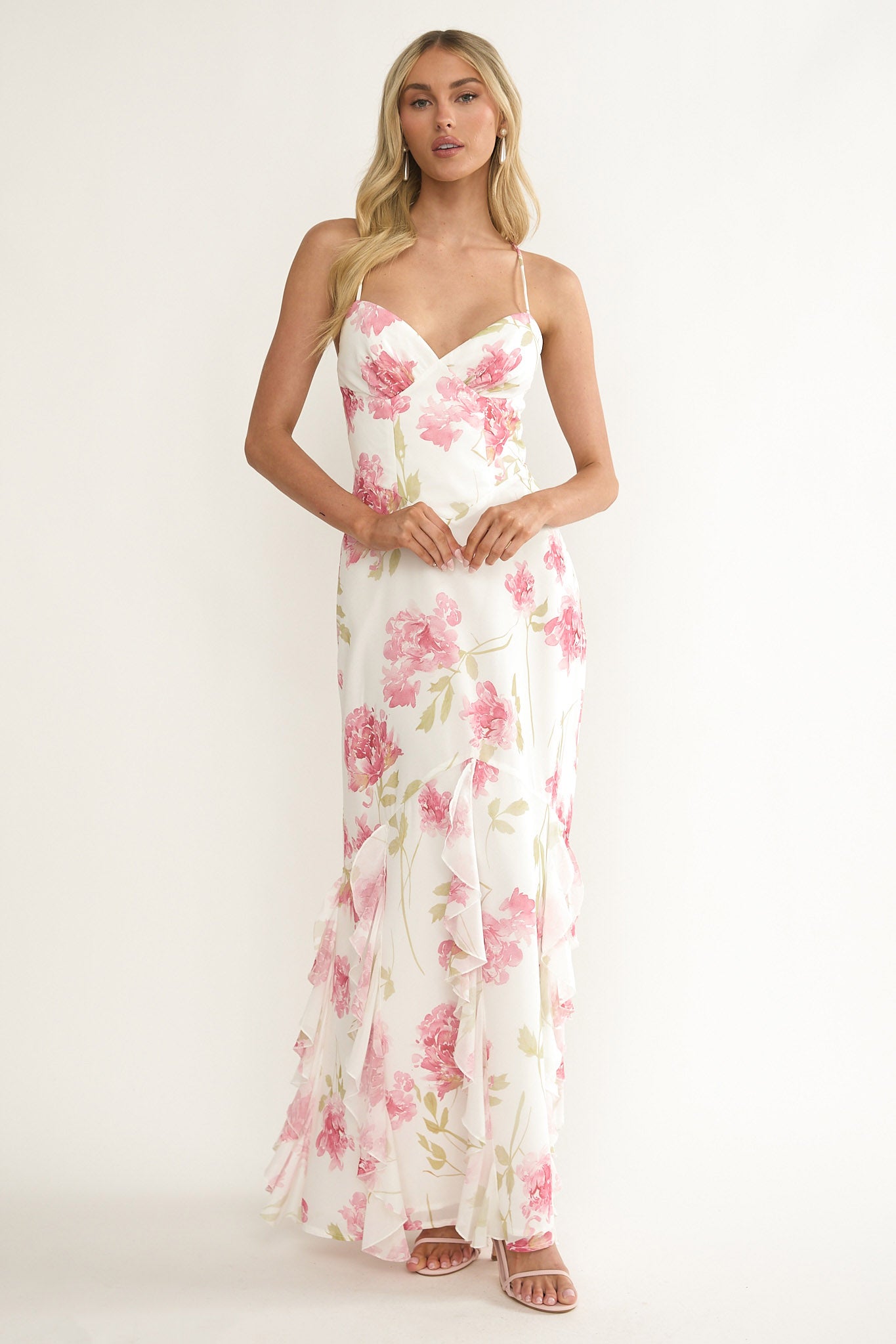 Charlisa Strappy Back Ruffle Maxi Dress Flowers White-Maymioy