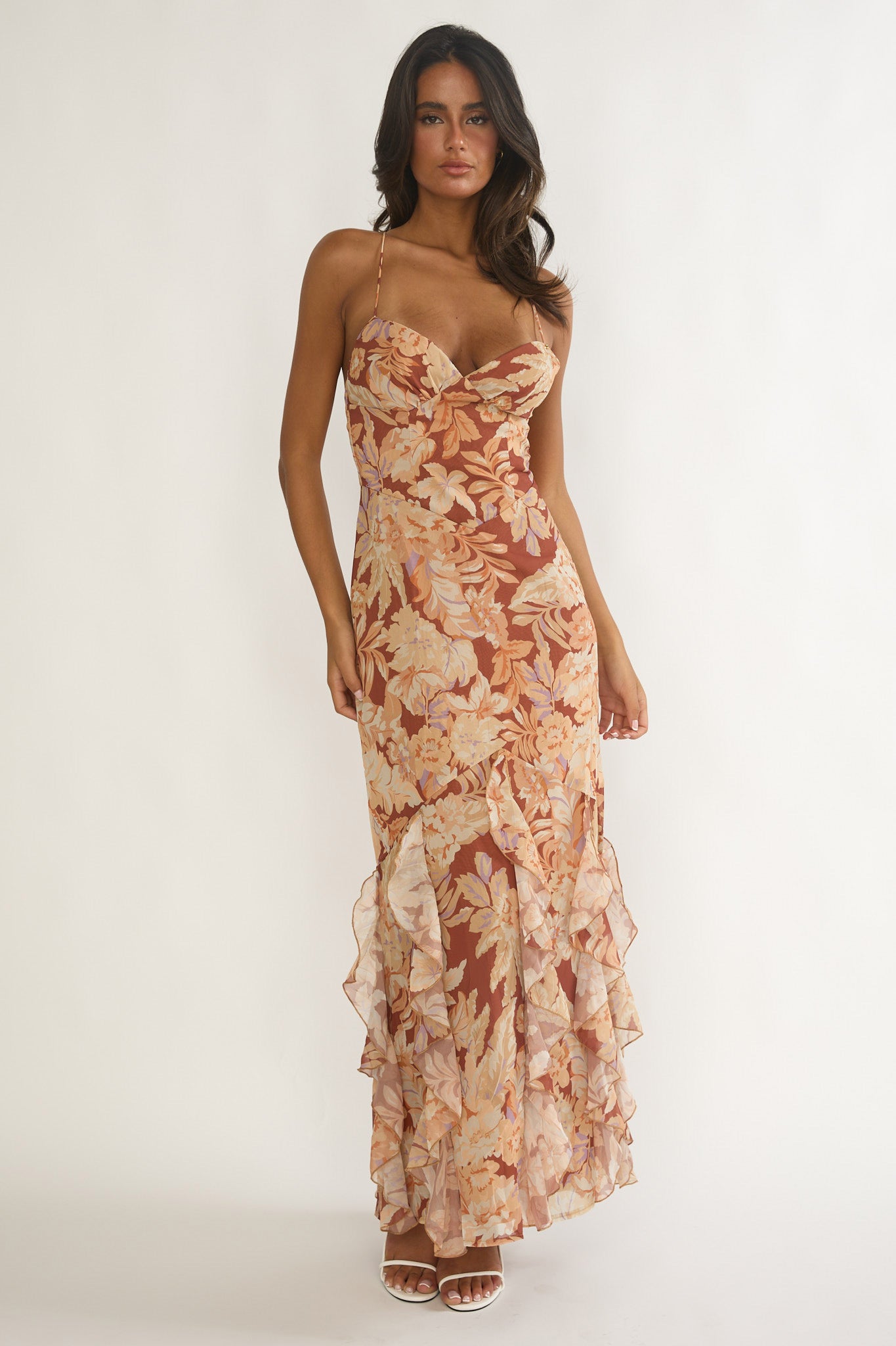 Charlisa Strappy Back Ruffle Maxi Dress Floral Yellow-Maymioy