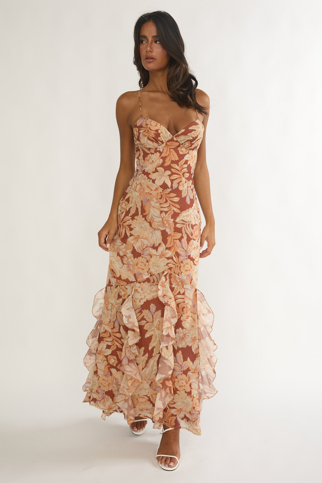 Charlisa Strappy Back Ruffle Maxi Dress Floral Yellow-Maymioy